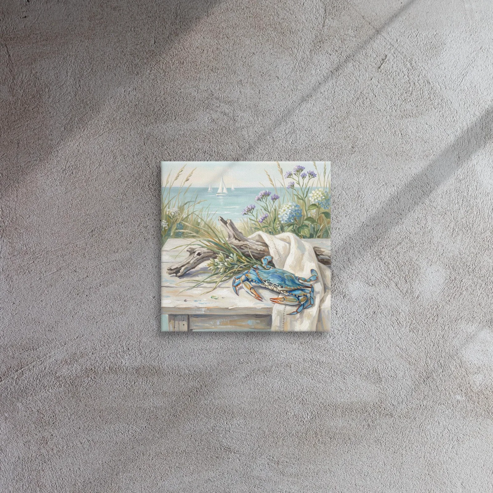 Blue Crab Coastal Scene Thin Canvas: Summer Beach Blue Hydrangea Decor Wall Art, photo 6
