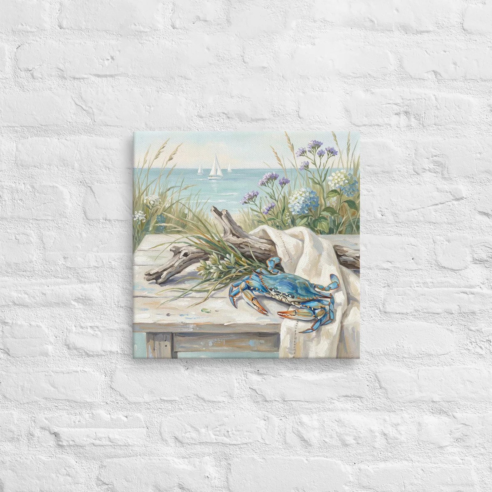 Blue Crab Coastal Scene Thin Canvas: Summer Beach Blue Hydrangea Decor Wall Art, photo 5