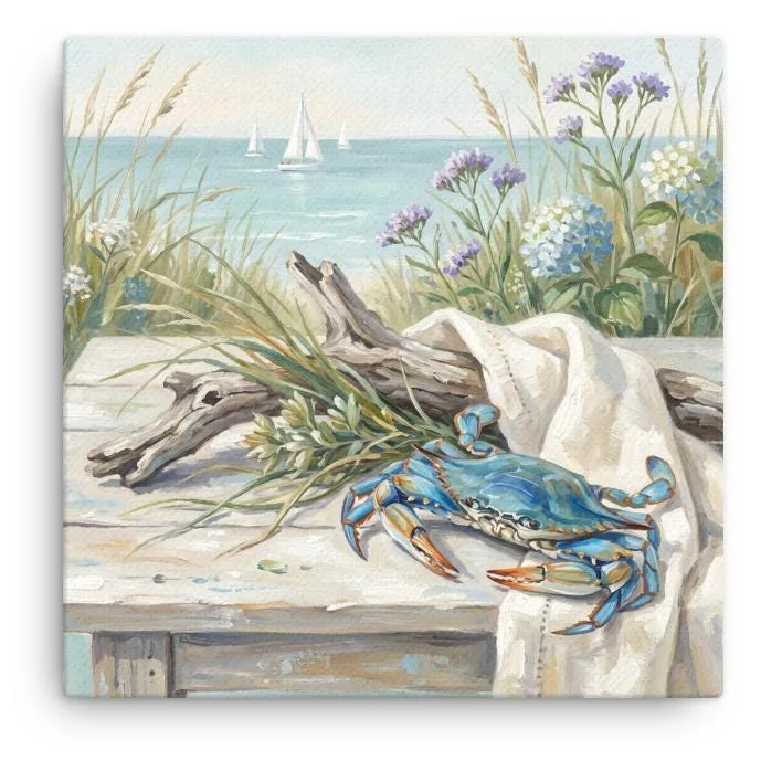 Blue Crab Coastal Scene Thin Canvas: Summer Beach Blue Hydrangea Decor Wall Art