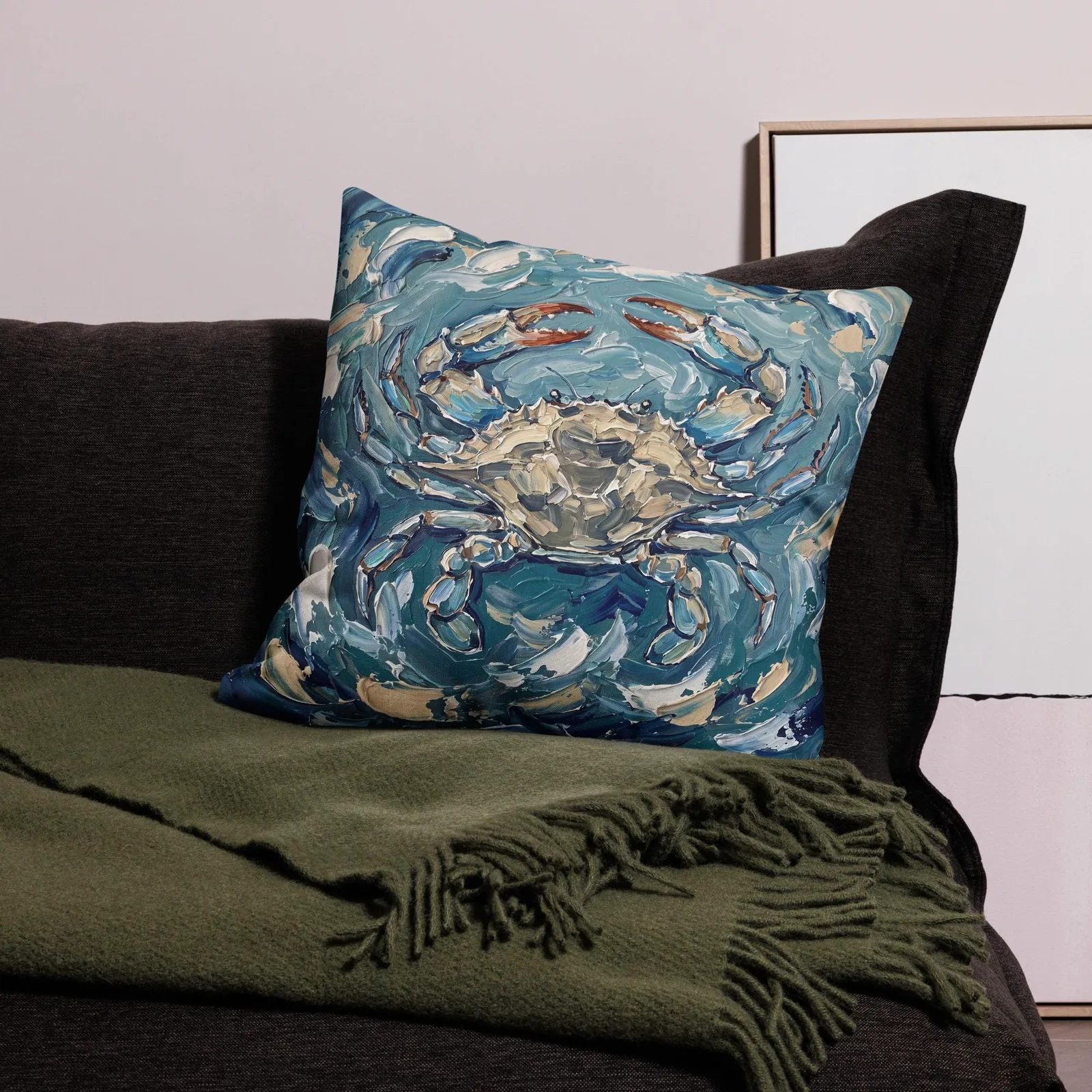 Blue Crab Impasto Style Pillow: Coastal Ocean Art Cushion, photo 10