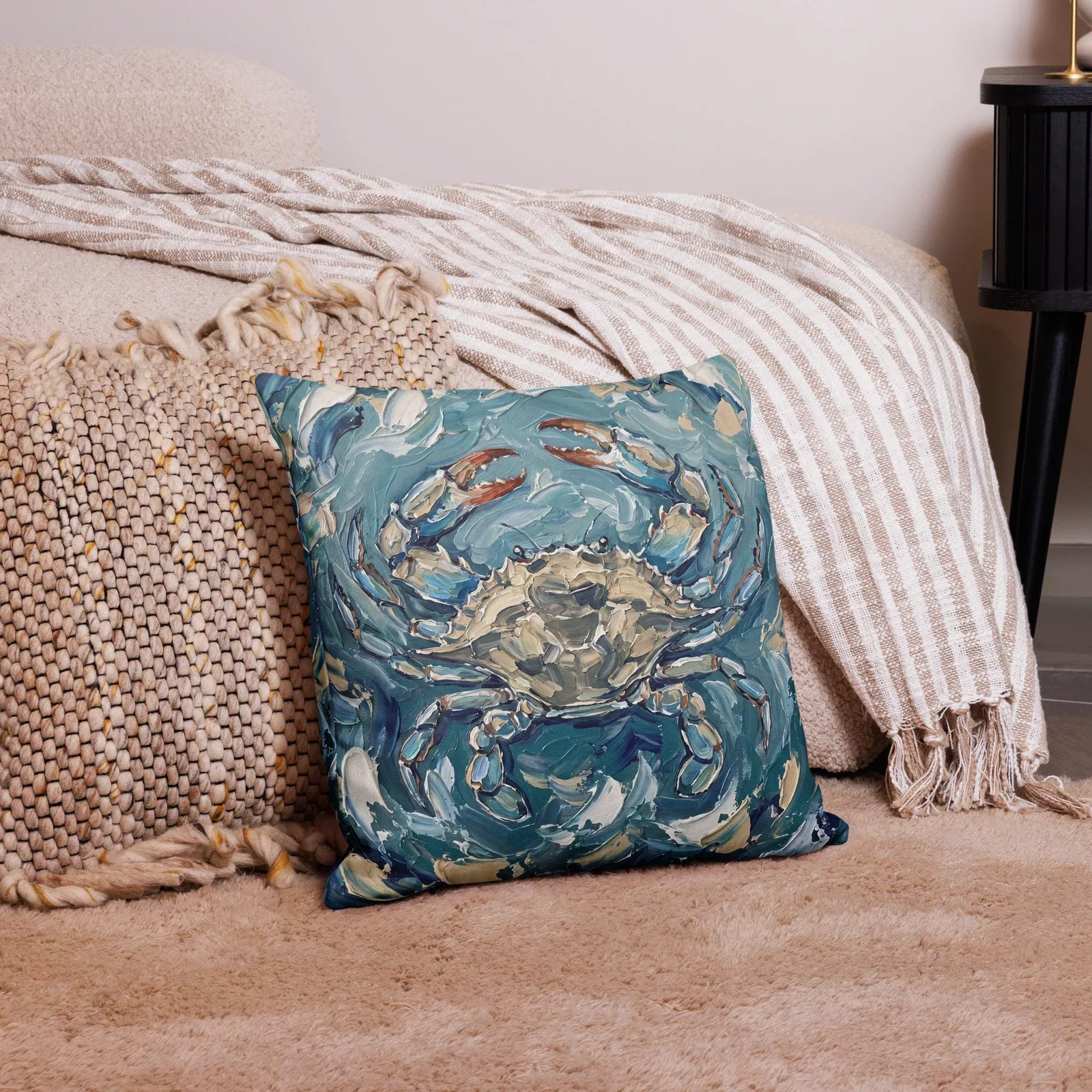 Blue Crab Impasto Style Pillow: Coastal Ocean Art Cushion, photo 6
