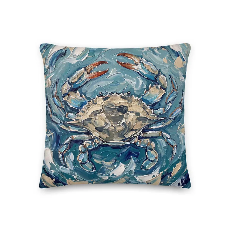 Blue Crab Impasto Style Pillow: Coastal Ocean Art Cushion