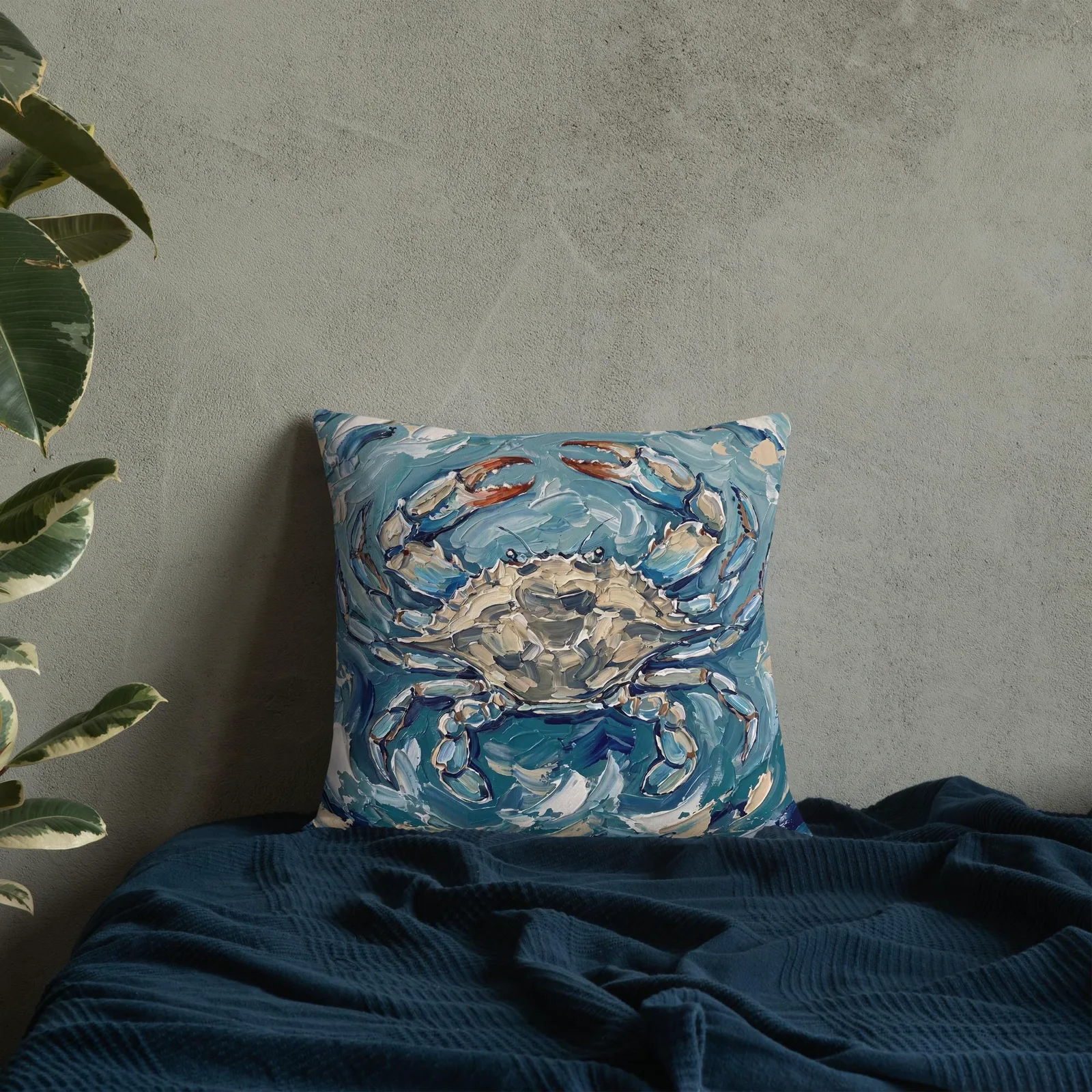 Blue Crab Impasto Style Pillow: Coastal Ocean Art Cushion, photo 8