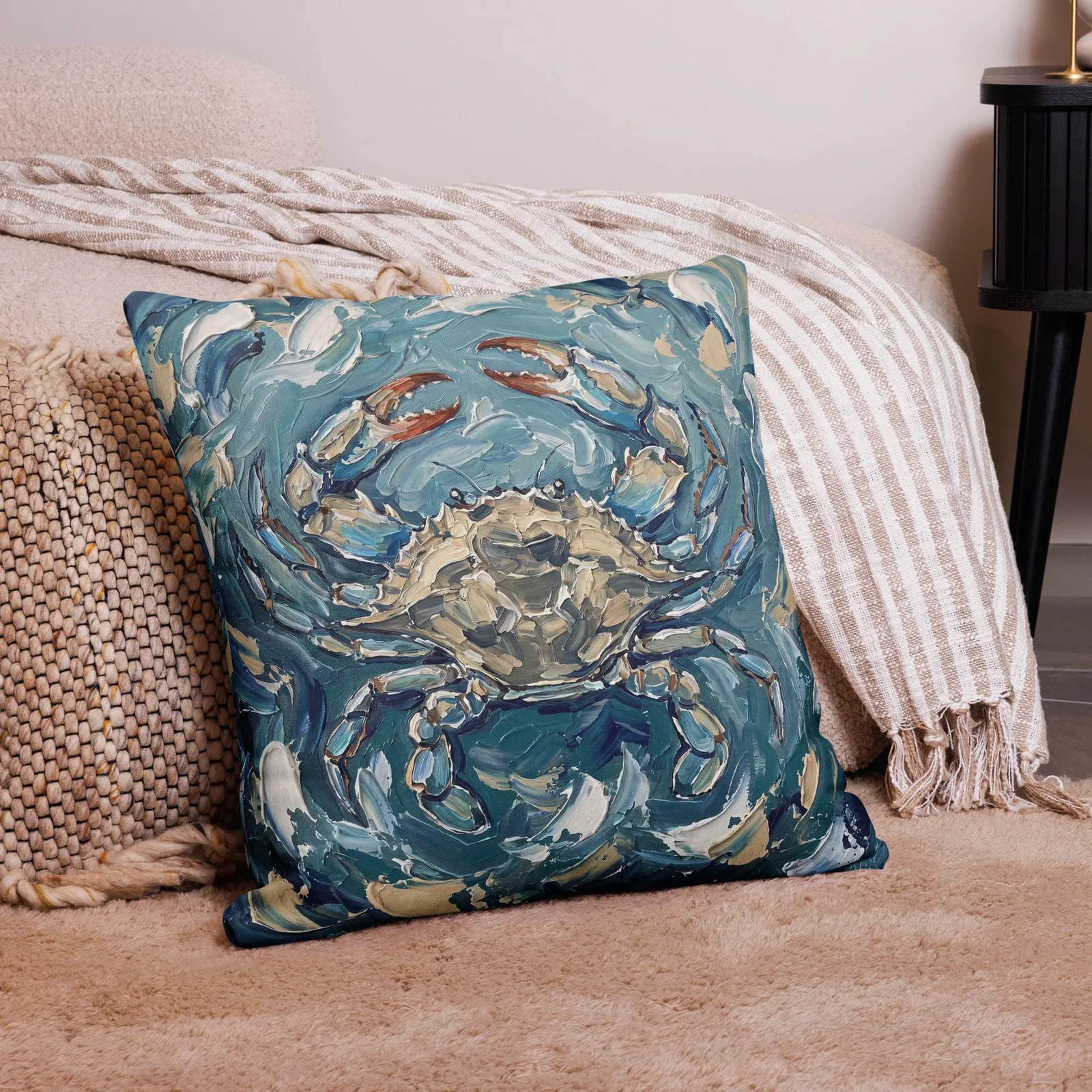 Blue Crab Impasto Style Pillow: Coastal Ocean Art Cushion, photo 7