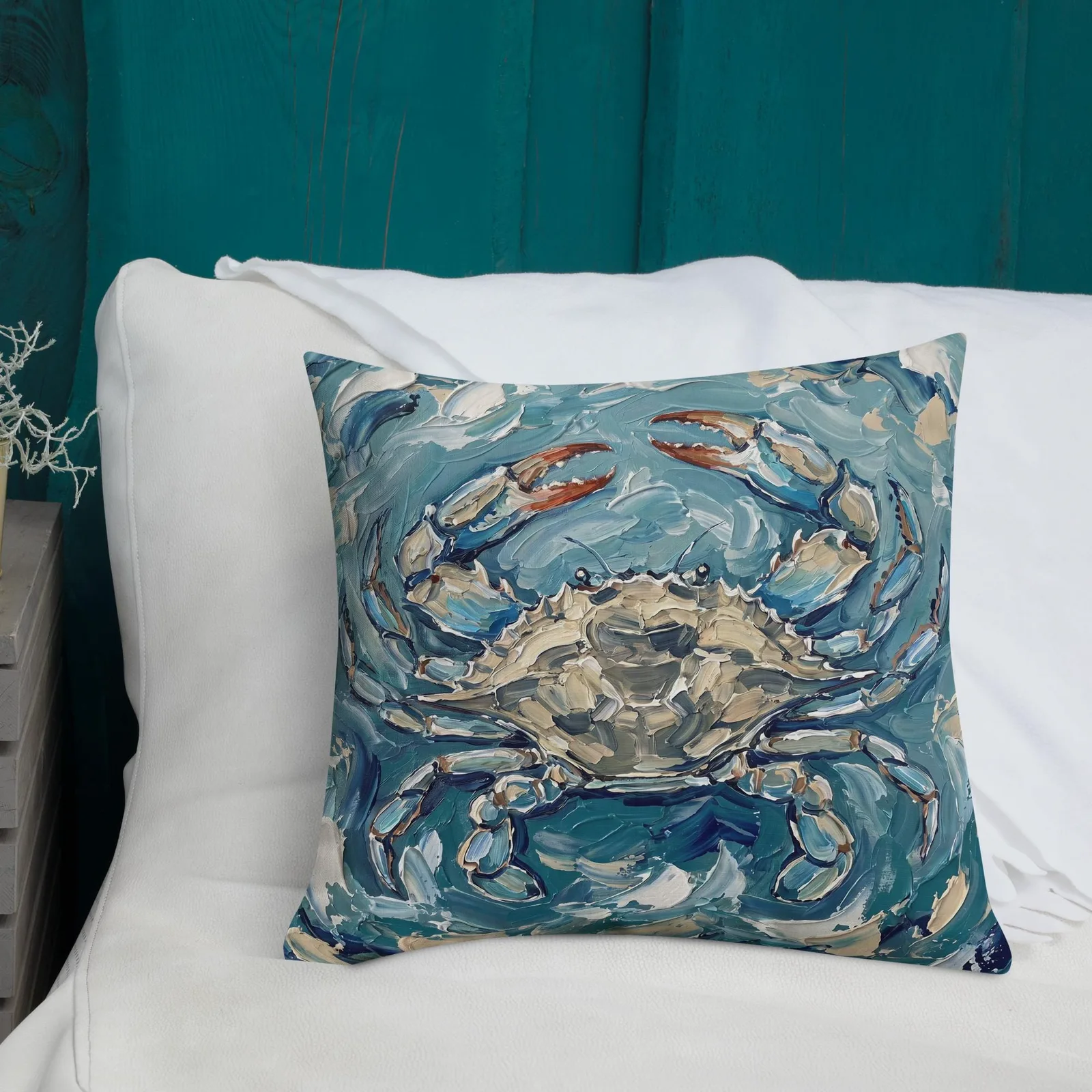 Blue Crab Impasto Style Pillow: Coastal Ocean Art Cushion, photo 2