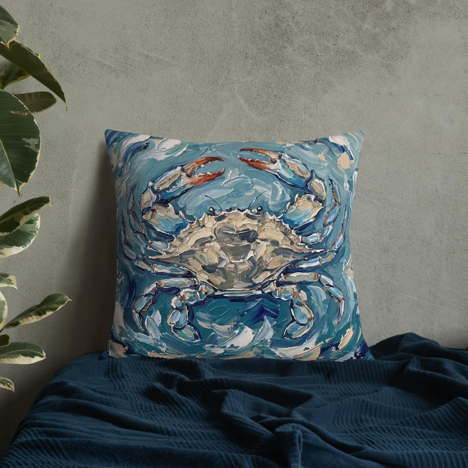 Blue Crab Impasto Style Pillow: Coastal Ocean Art Cushion, photo 9