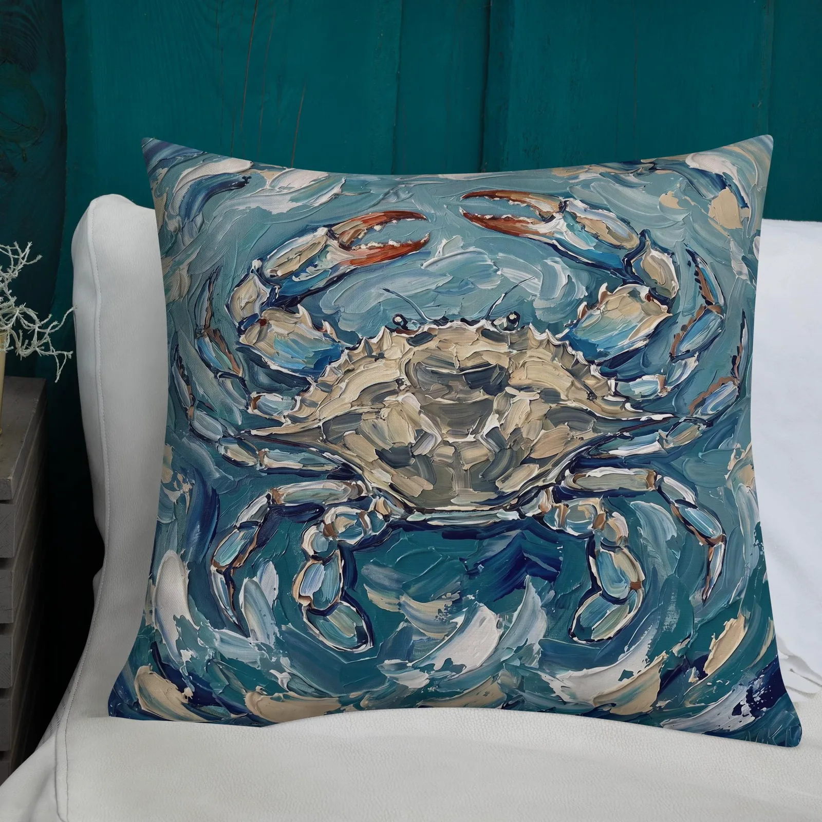 Blue Crab Impasto Style Pillow: Coastal Ocean Art Cushion, photo 3
