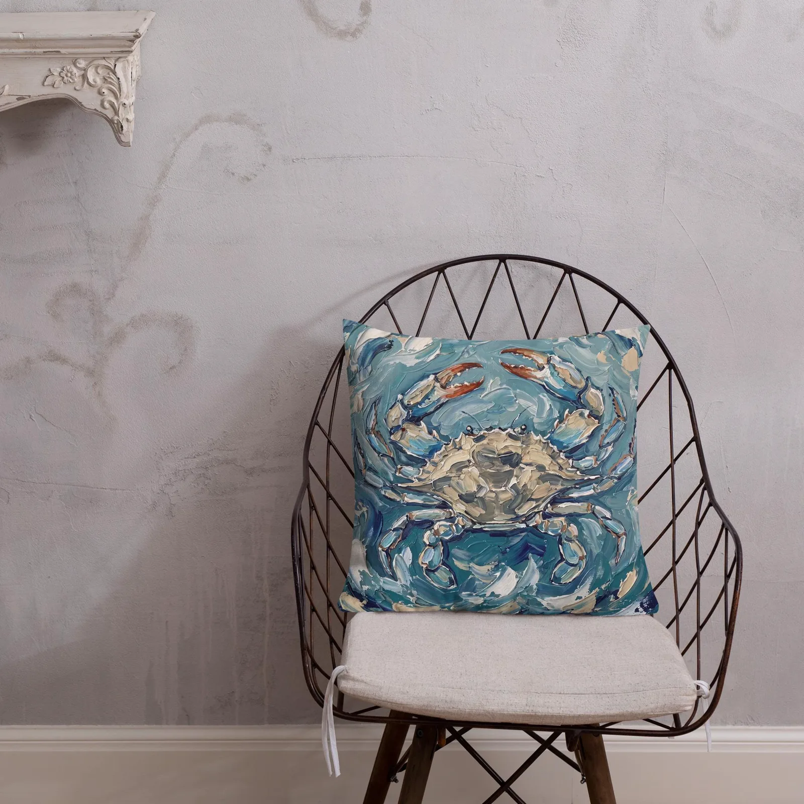 Blue Crab Impasto Style Pillow: Coastal Ocean Art Cushion, photo 4