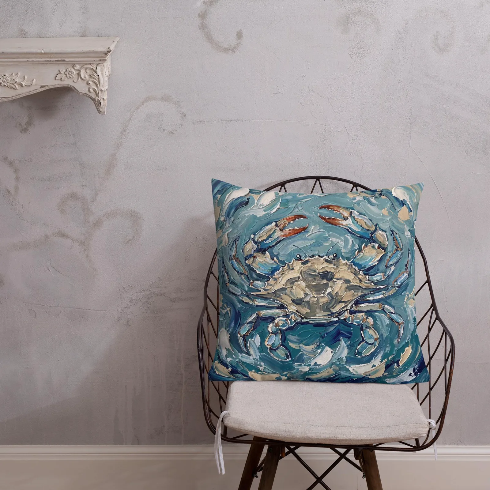 Blue Crab Impasto Style Pillow: Coastal Ocean Art Cushion, photo 5