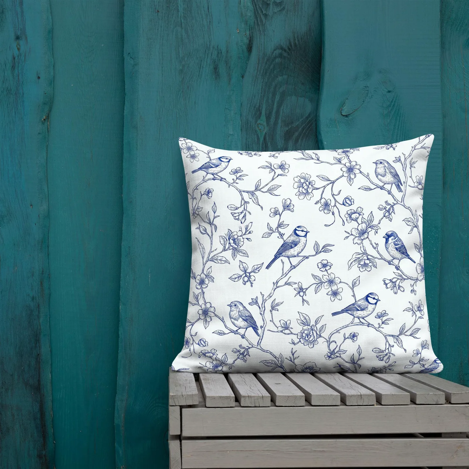 Blue French Toile Birds Throw Pillow: Classic Living Room Decor Cushion, photo 5