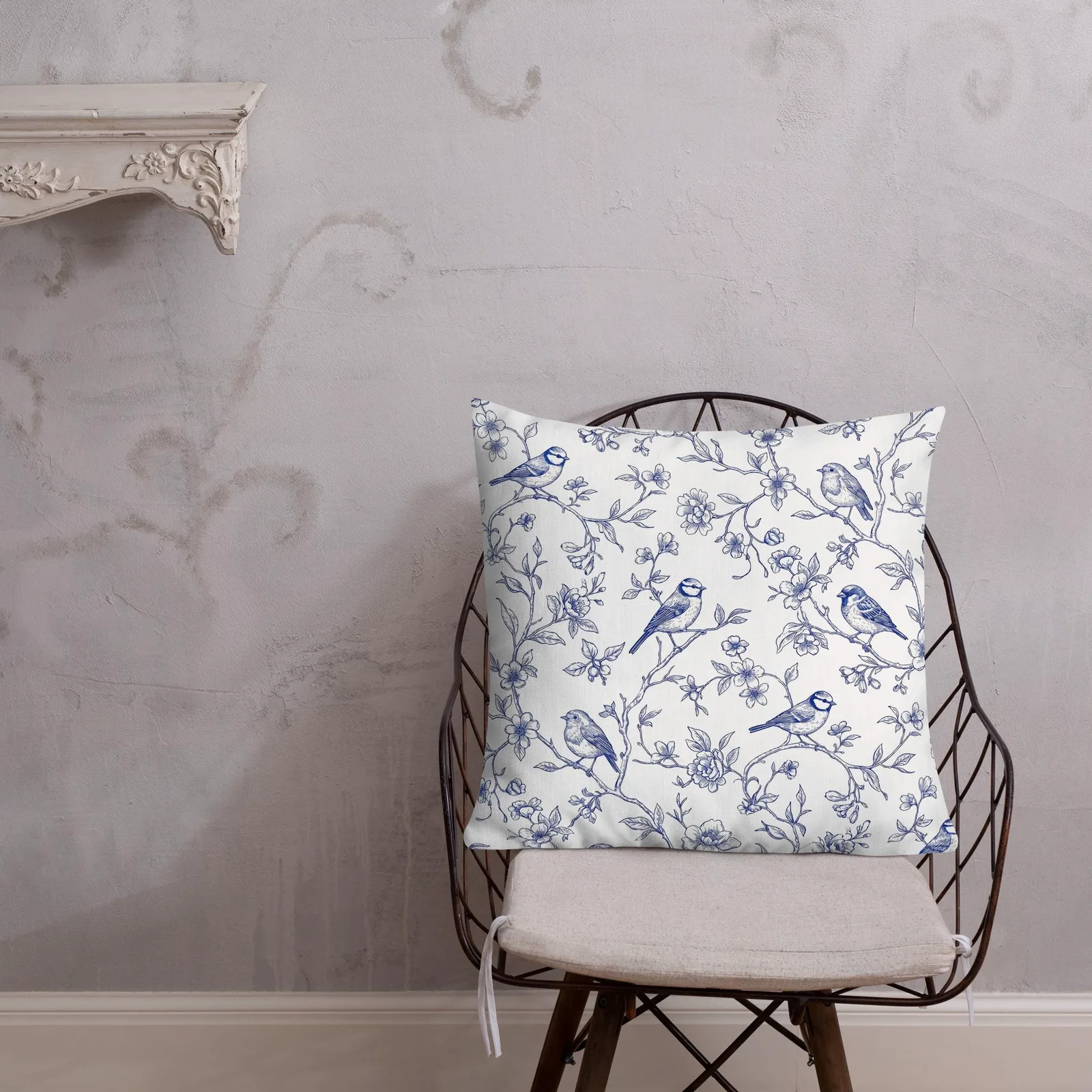 Blue French Toile Birds Throw Pillow: Classic Living Room Decor Cushion, photo 10