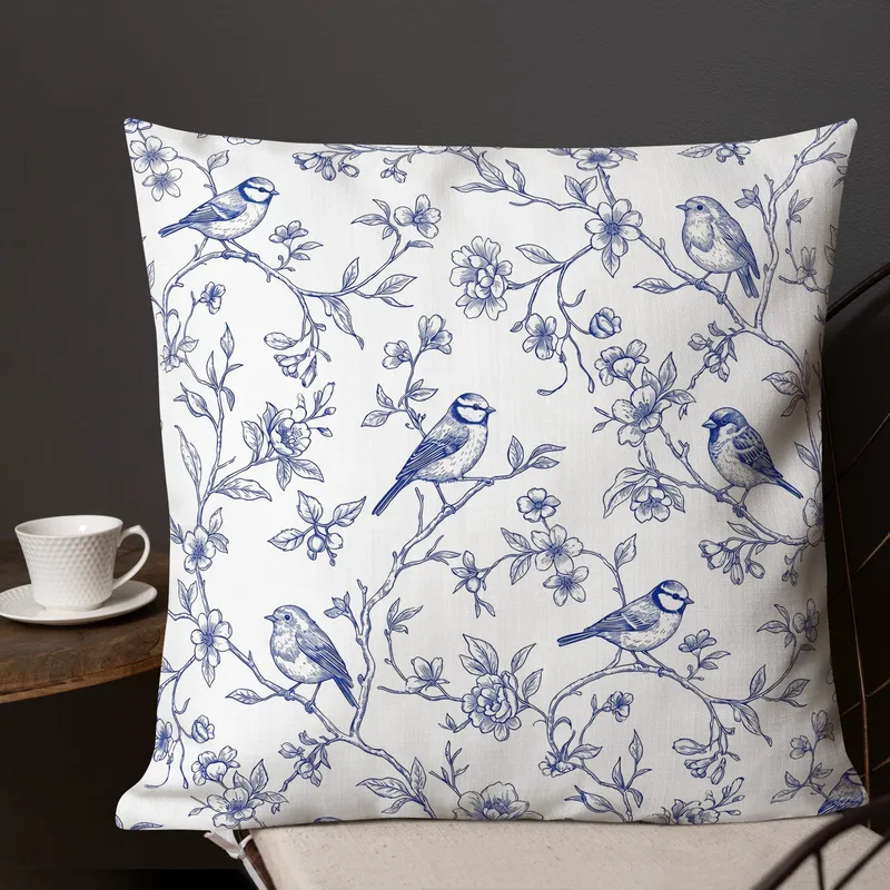 Blue French Toile Birds Throw Pillow: Classic Living Room Decor Cushion
