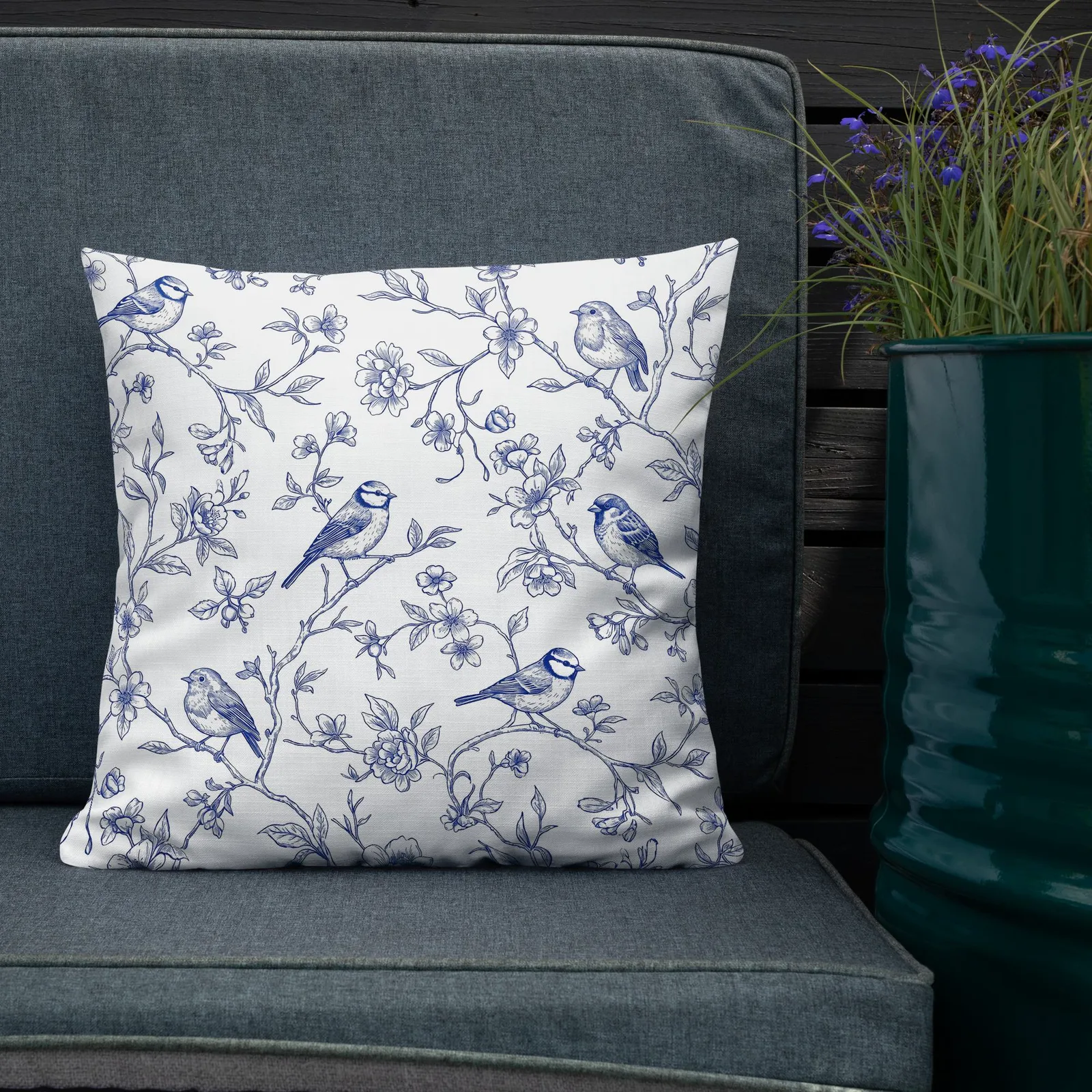 Blue French Toile Birds Throw Pillow: Classic Living Room Decor Cushion, photo 2