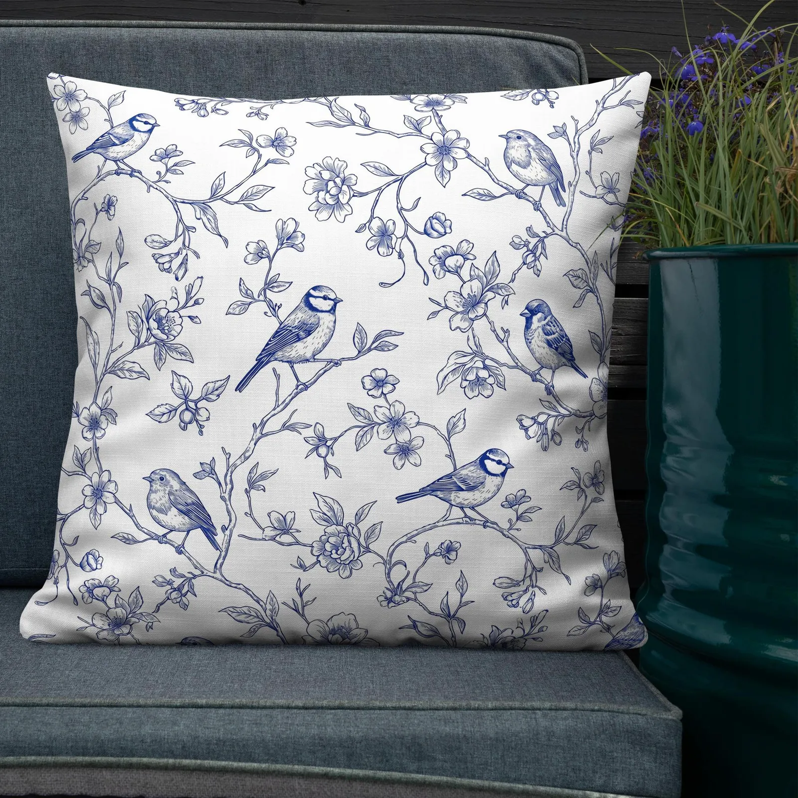 Blue French Toile Birds Throw Pillow: Classic Living Room Decor Cushion, photo 3