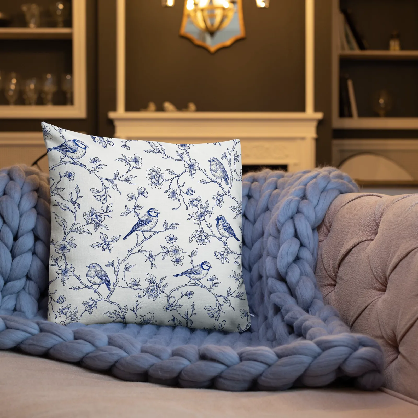 Blue French Toile Birds Throw Pillow: Classic Living Room Decor Cushion, photo 8