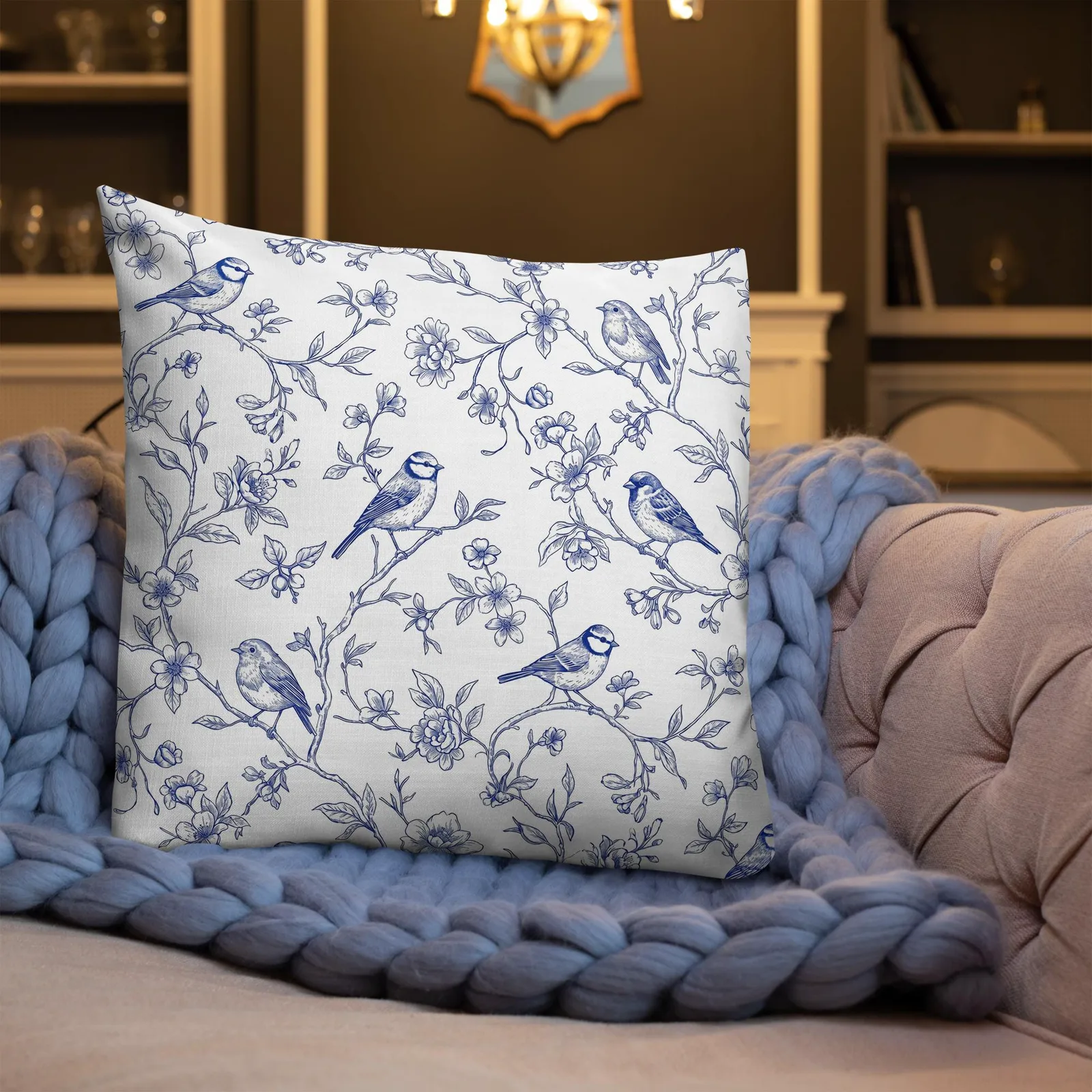 Blue French Toile Birds Throw Pillow: Classic Living Room Decor Cushion, photo 9
