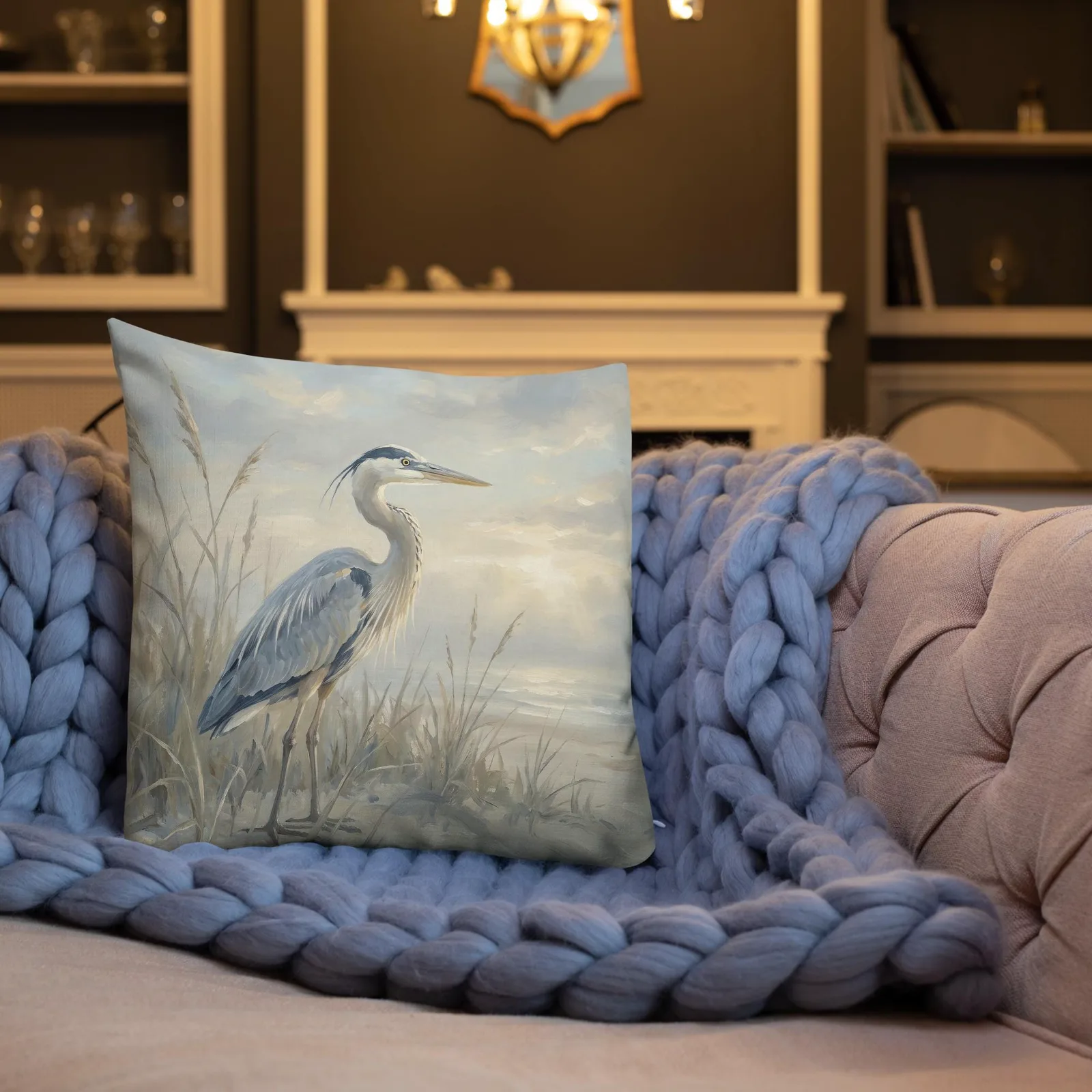 Blue Heron Throw Pillow: Serene Beach Decor Cushion, photo 4