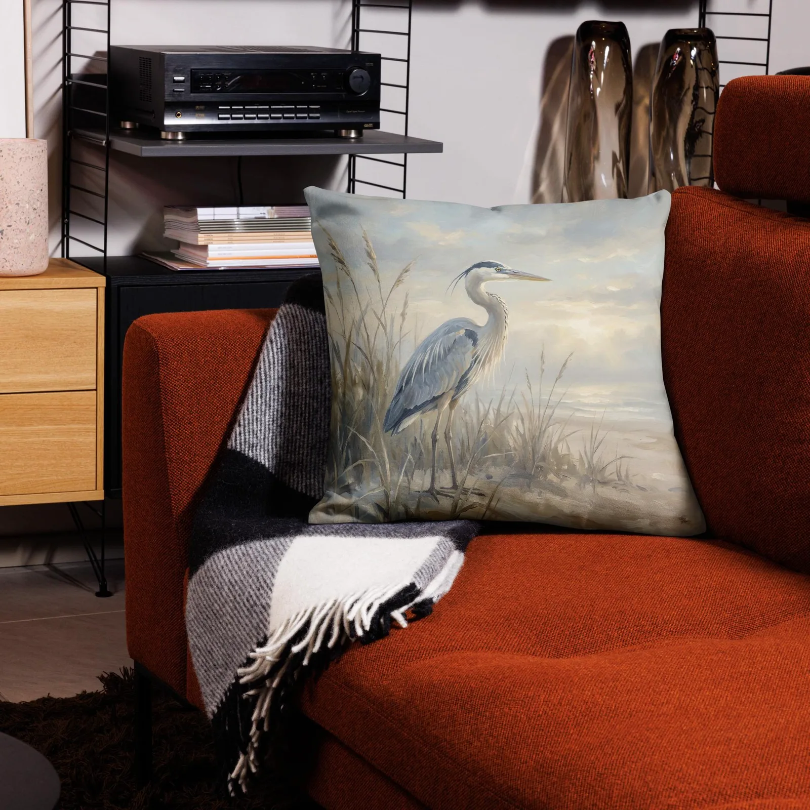 Blue Heron Throw Pillow: Serene Beach Decor Cushion, photo 9