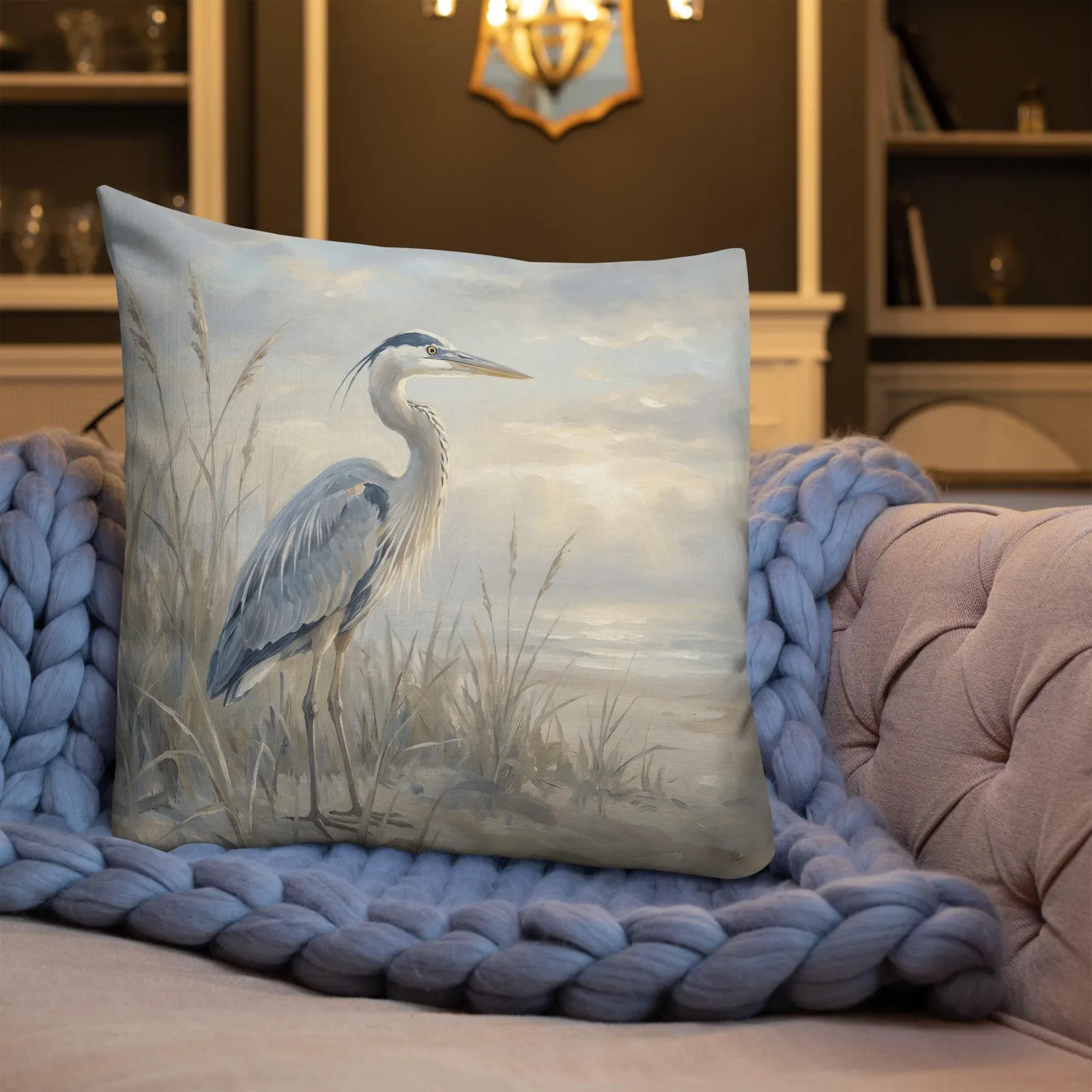 Blue Heron Throw Pillow: Serene Beach Decor Cushion, photo 5