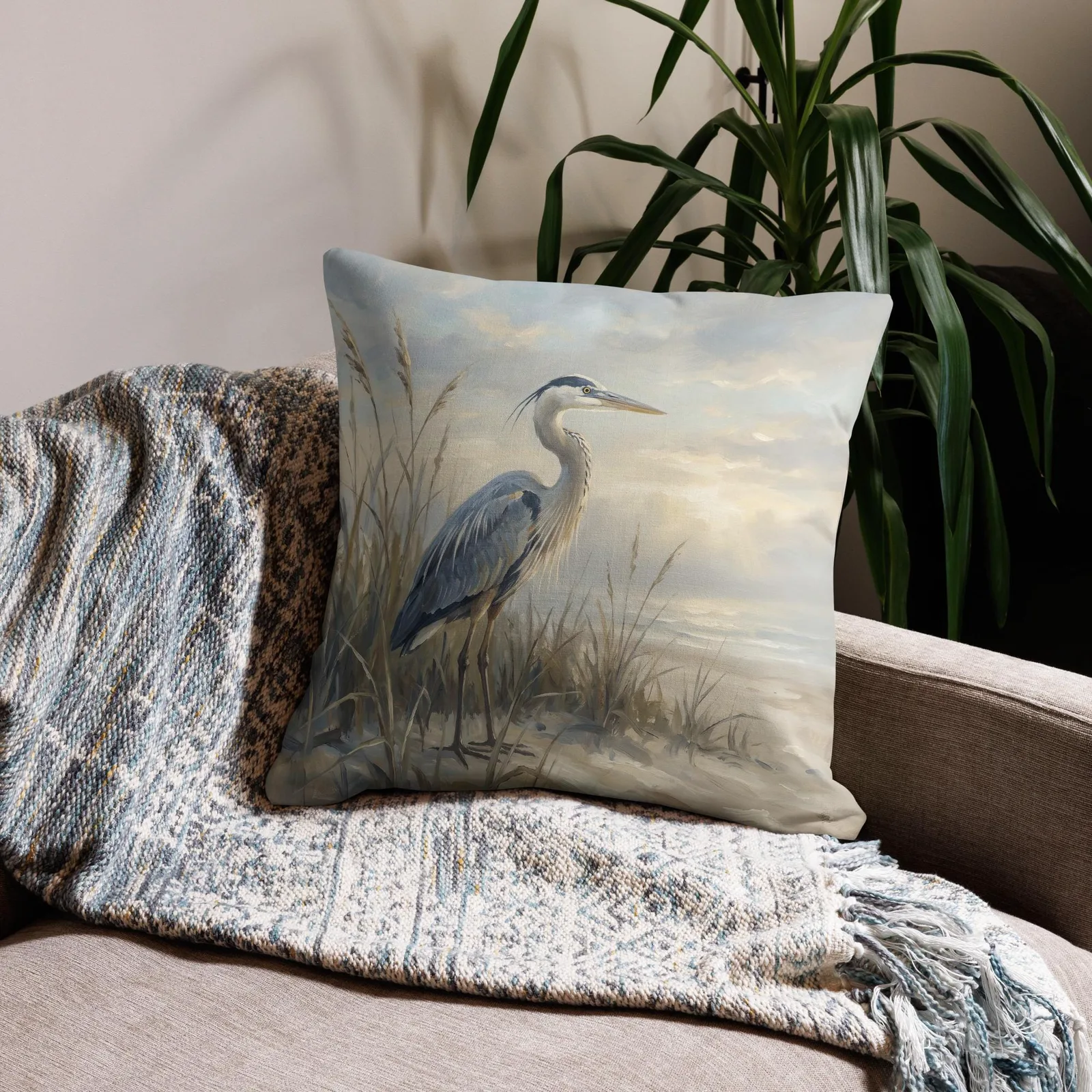 Blue Heron Throw Pillow: Serene Beach Decor Cushion, photo 3