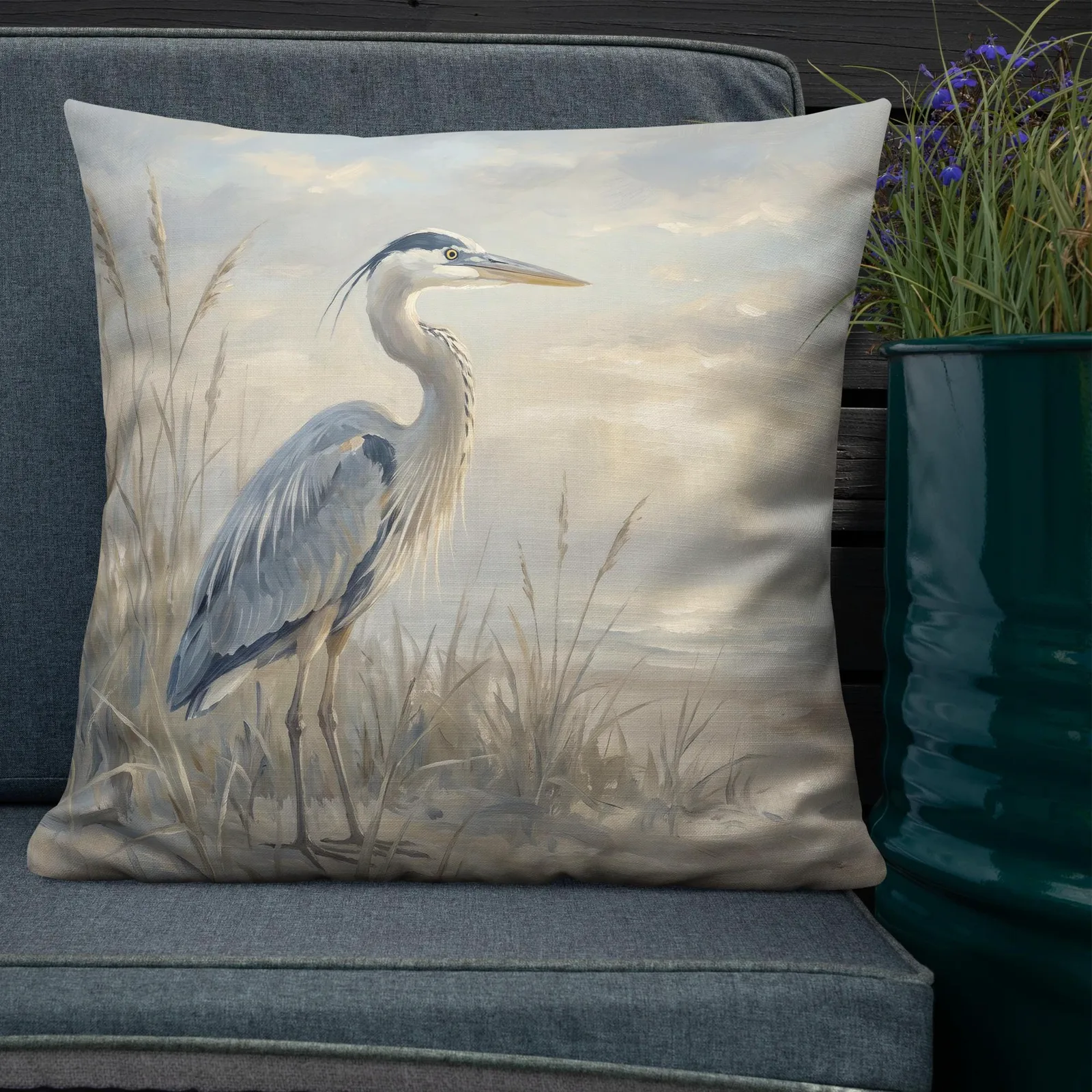 Blue Heron Throw Pillow: Serene Beach Decor Cushion, photo 10