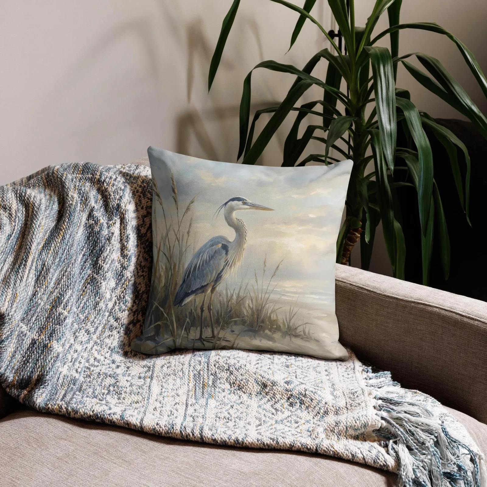 Blue Heron Throw Pillow: Serene Beach Decor Cushion, photo 2