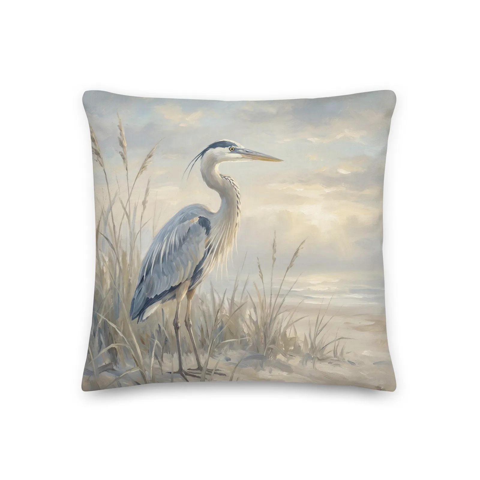 Blue Heron Throw Pillow: Serene Beach Decor Cushion