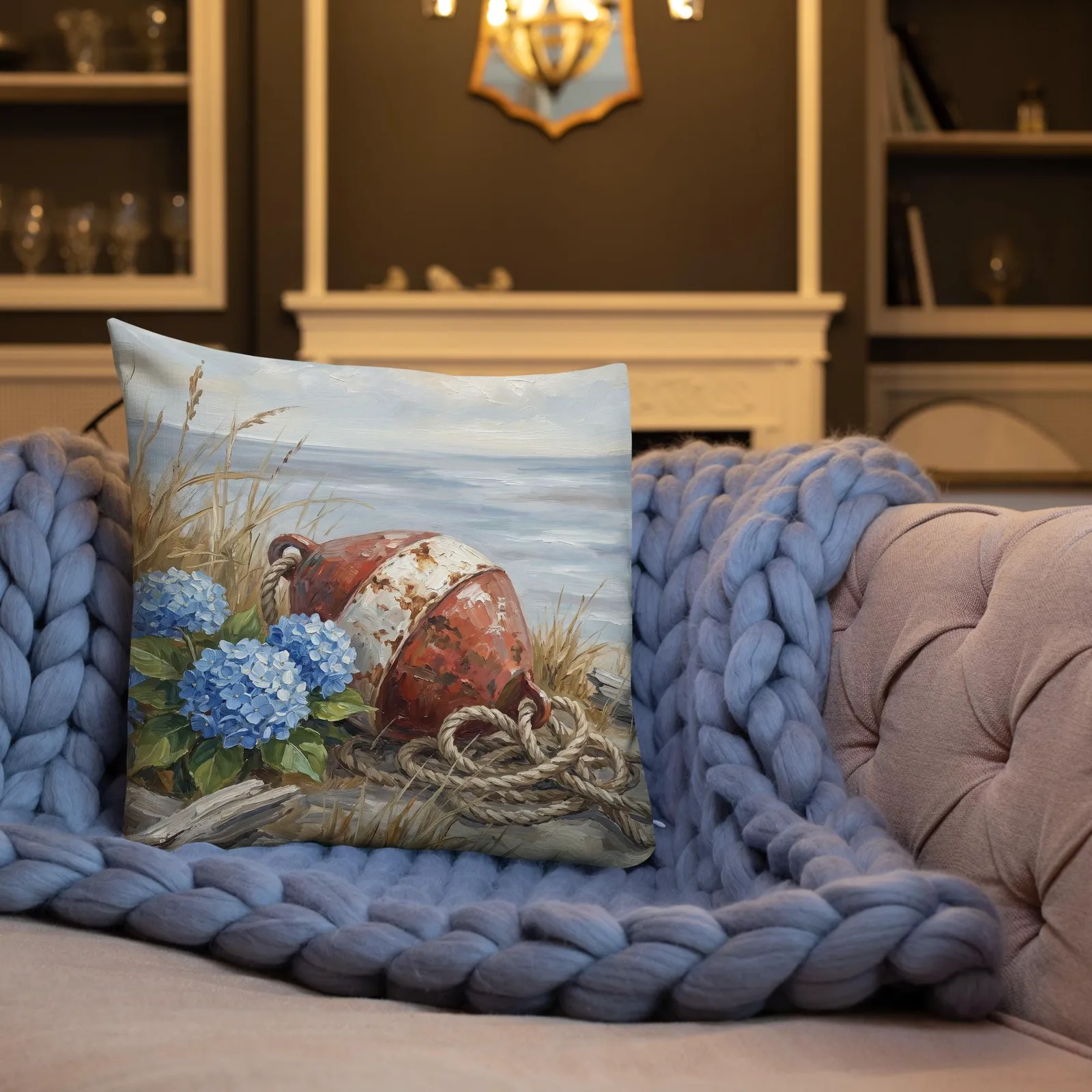 Blue Hydrangea and Coastal Buoy Throw Pillow: Nautical Shore Decor Wall Art, photo 2