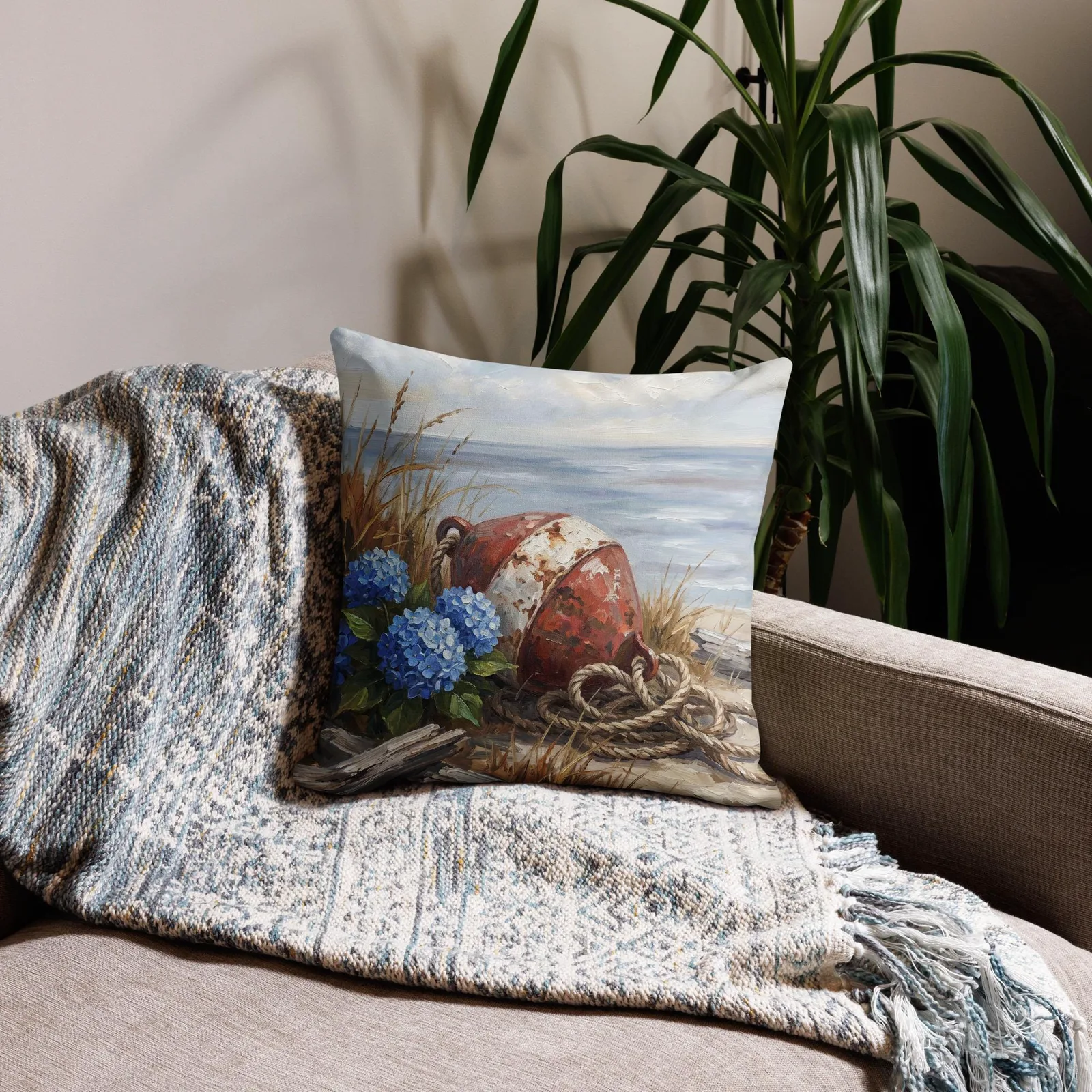 Blue Hydrangea and Coastal Buoy Throw Pillow: Nautical Shore Decor Wall Art, photo 8