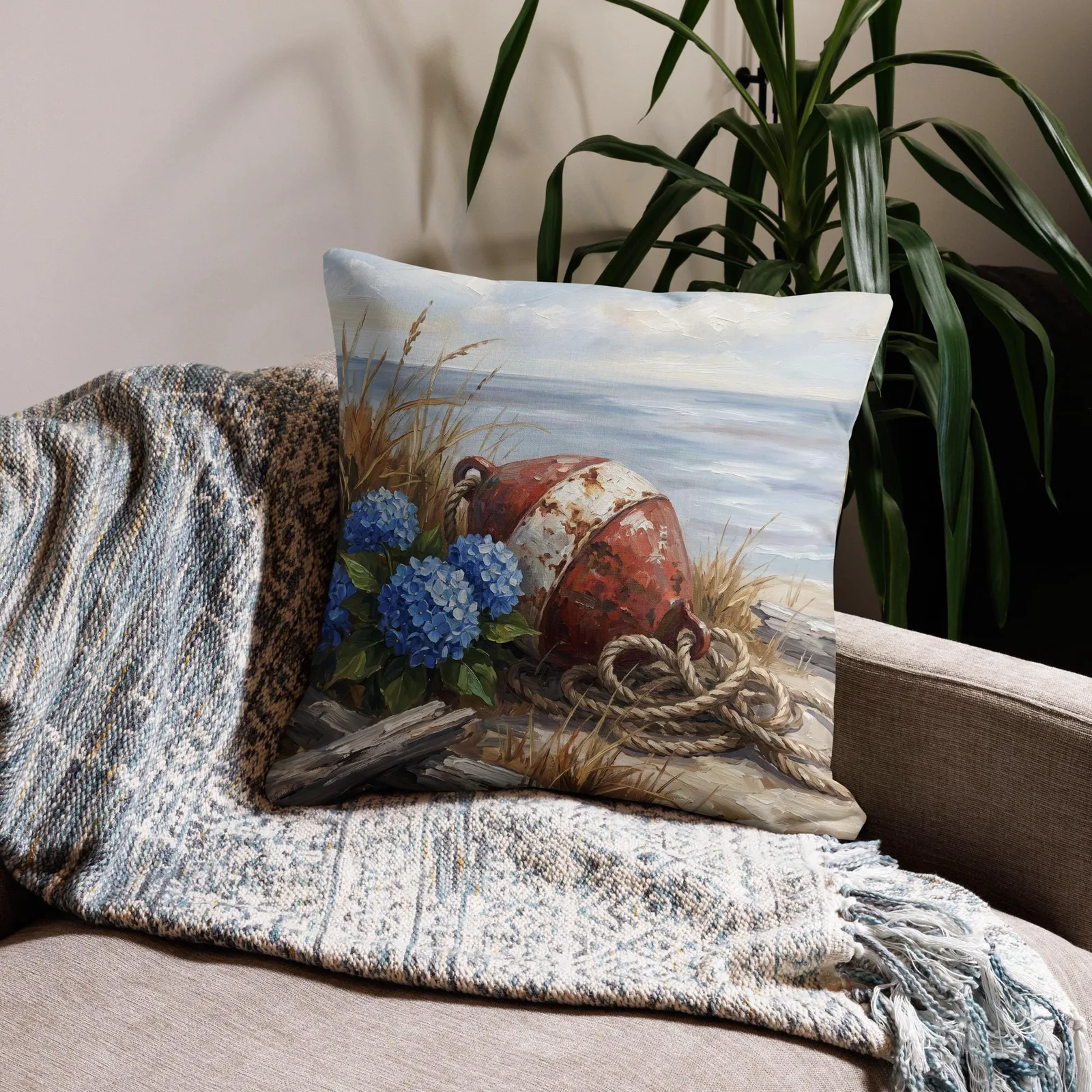 Blue Hydrangea and Coastal Buoy Throw Pillow: Nautical Shore Decor Wall Art, photo 9