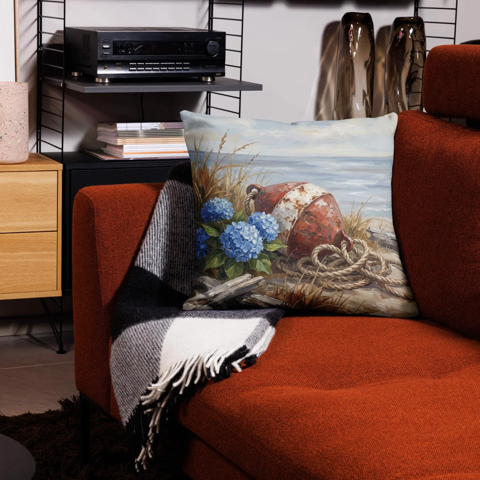 Blue Hydrangea and Coastal Buoy Throw Pillow: Nautical Shore Decor Wall Art, photo 7