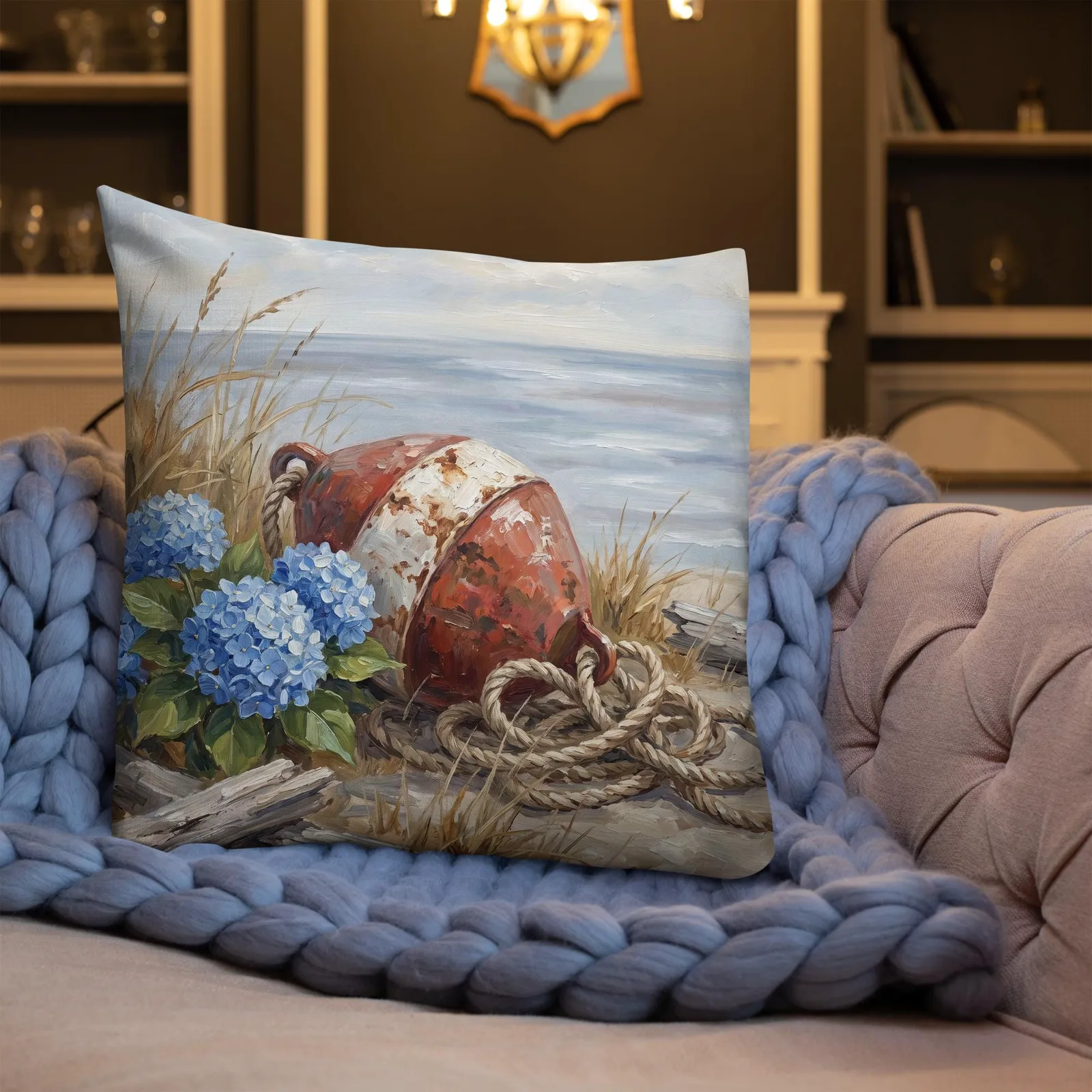 Blue Hydrangea and Coastal Buoy Throw Pillow: Nautical Shore Decor Wall Art, photo 3