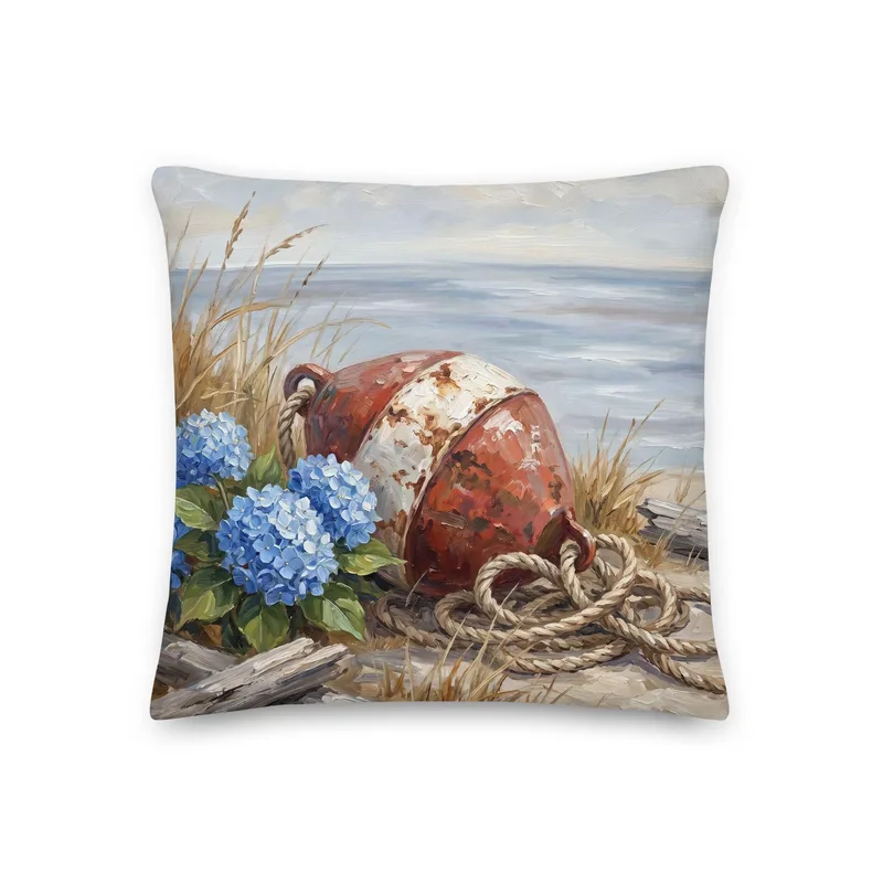 Blue Hydrangea and Coastal Buoy Throw Pillow: Nautical Shore Decor Wall Art