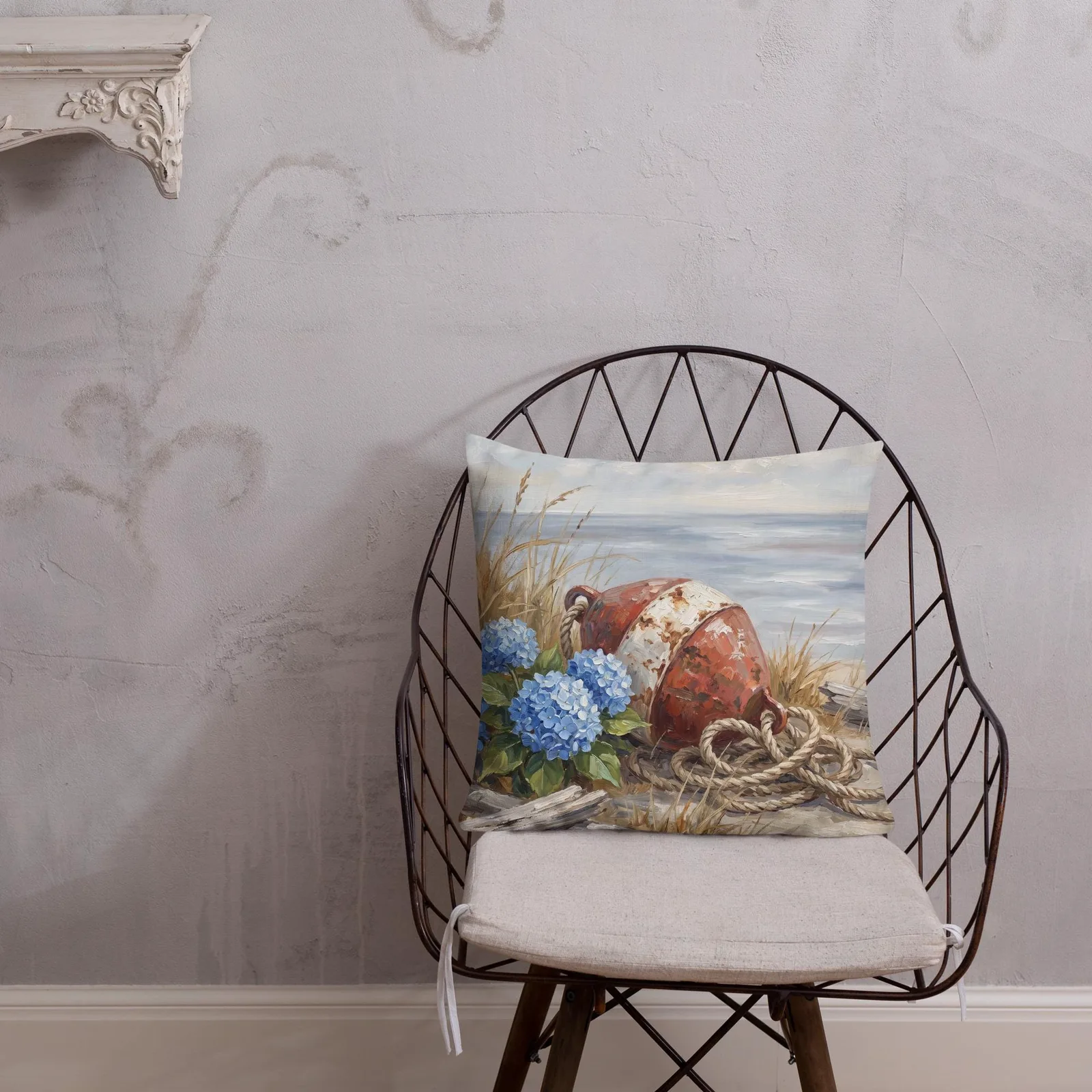 Blue Hydrangea and Coastal Buoy Throw Pillow: Nautical Shore Decor Wall Art, photo 4