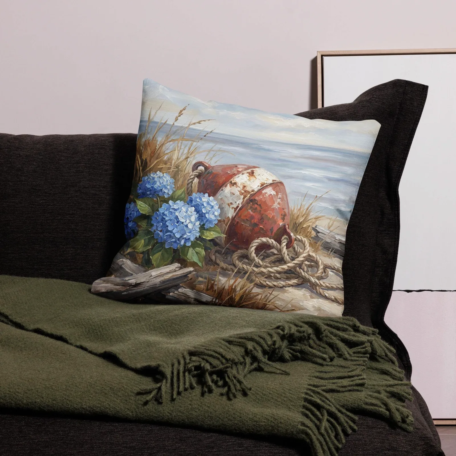 Blue Hydrangea and Coastal Buoy Throw Pillow: Nautical Shore Decor Wall Art, photo 10