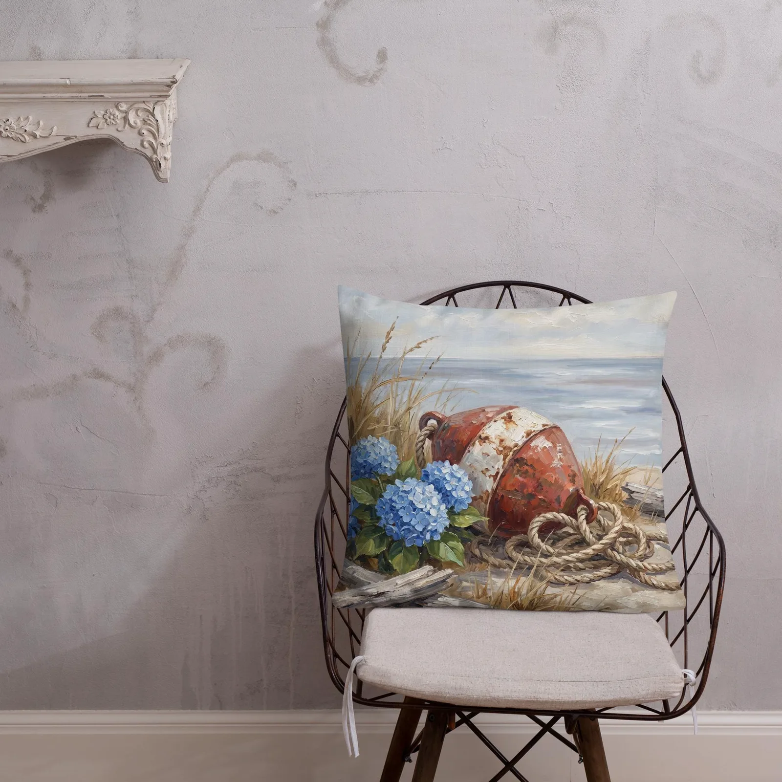 Blue Hydrangea and Coastal Buoy Throw Pillow: Nautical Shore Decor Wall Art, photo 5