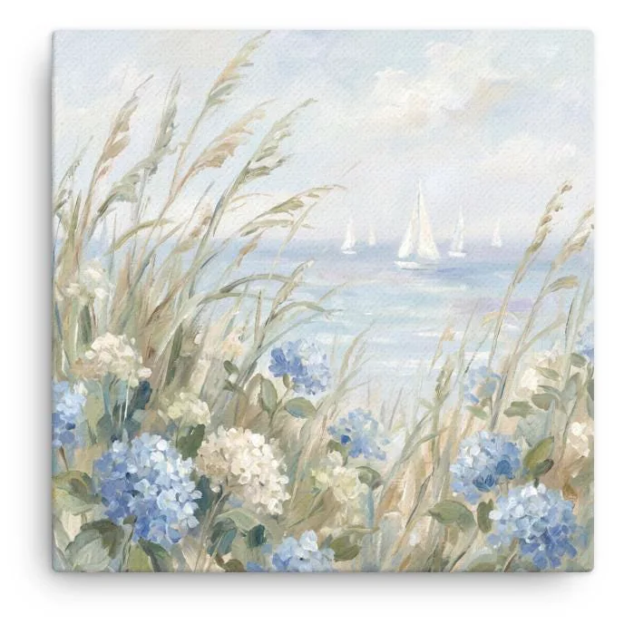 Blue Hydrangea Ocean View Thin Canvas: Coastal Sailboats Decor Wall Art