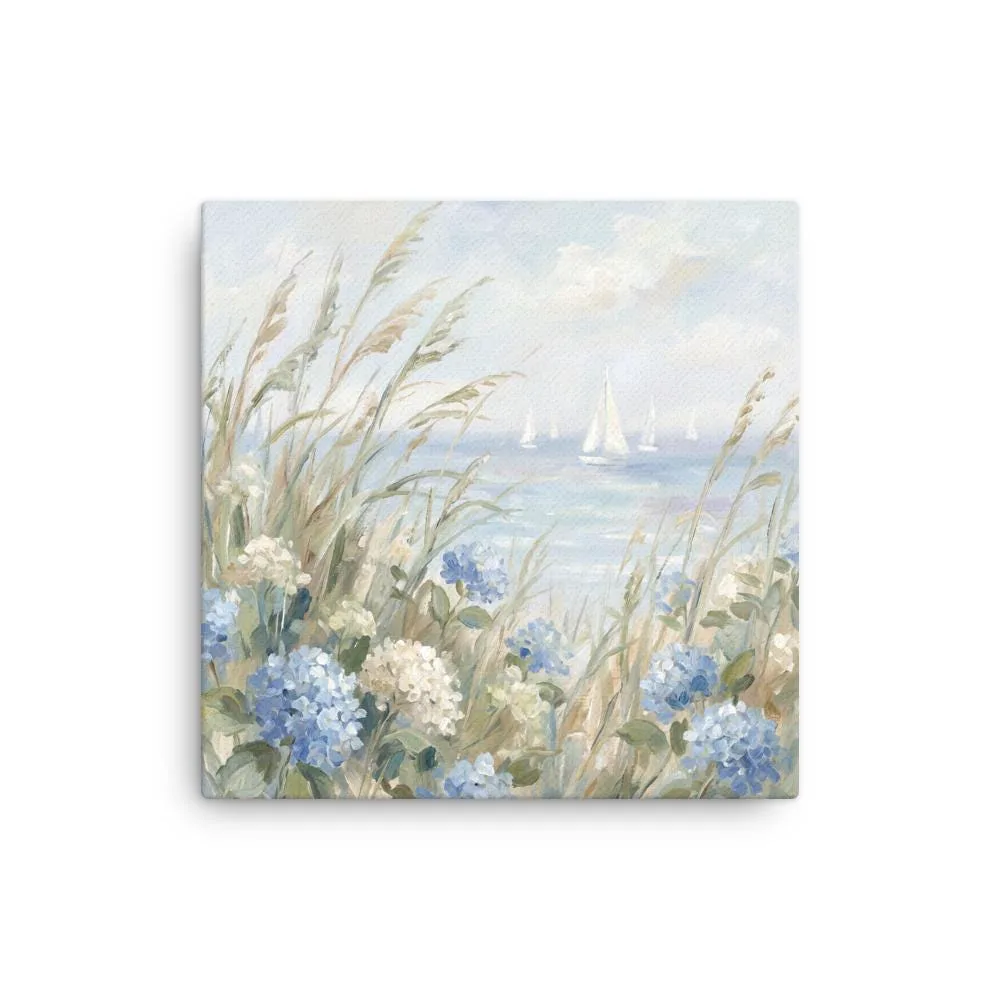 Blue Hydrangea Ocean View Thin Canvas: Coastal Sailboats Decor Wall Art