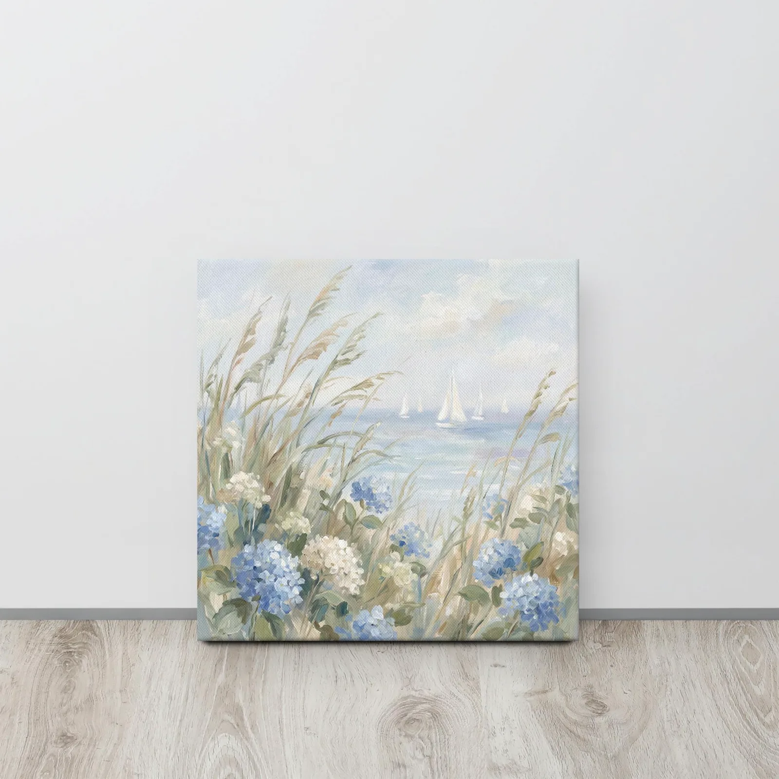 Blue Hydrangea Ocean View Thin Canvas: Coastal Sailboats Decor Wall Art, photo 3