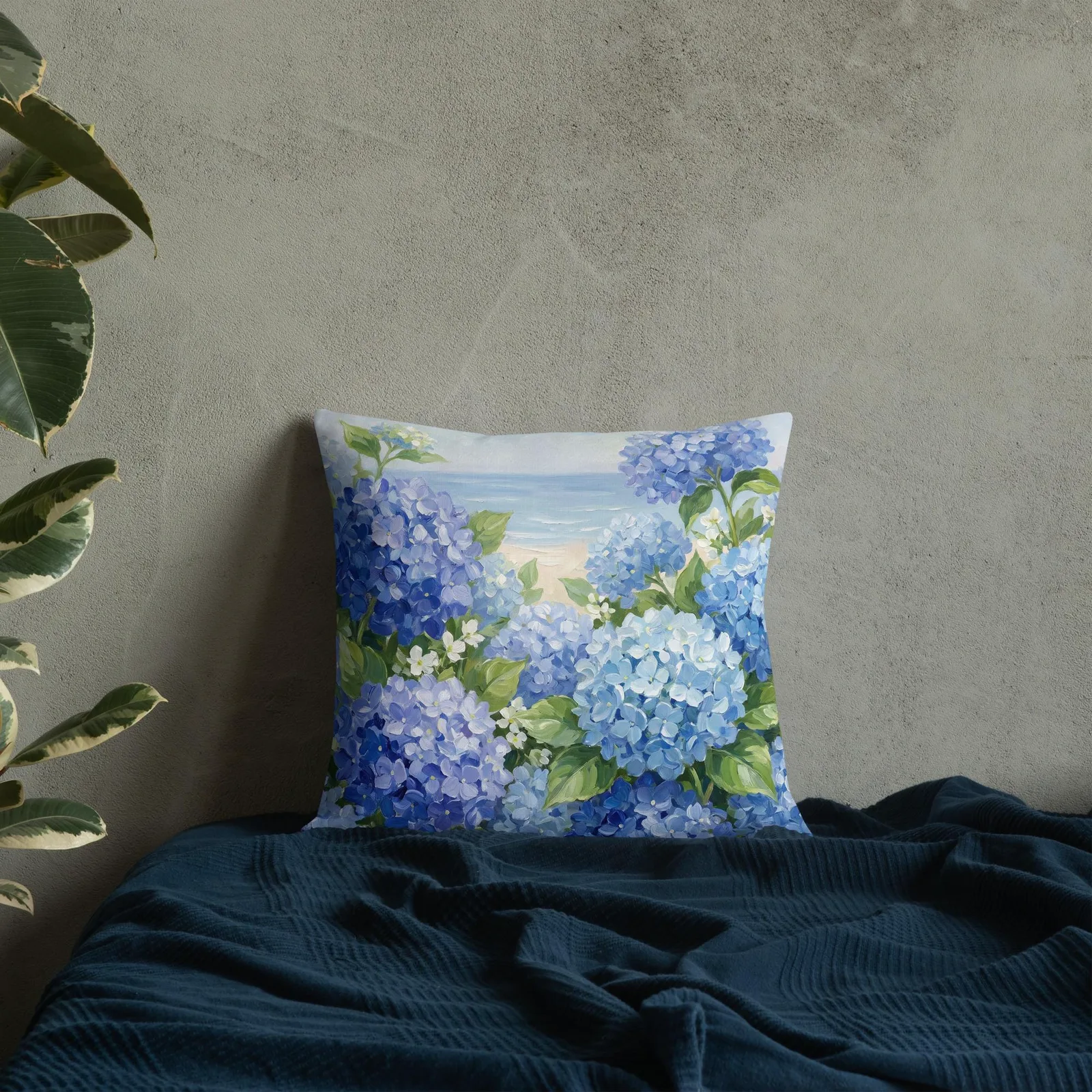 Blue Hydrangea Throw Pillow: Coastal Beach House Cushion, photo 8