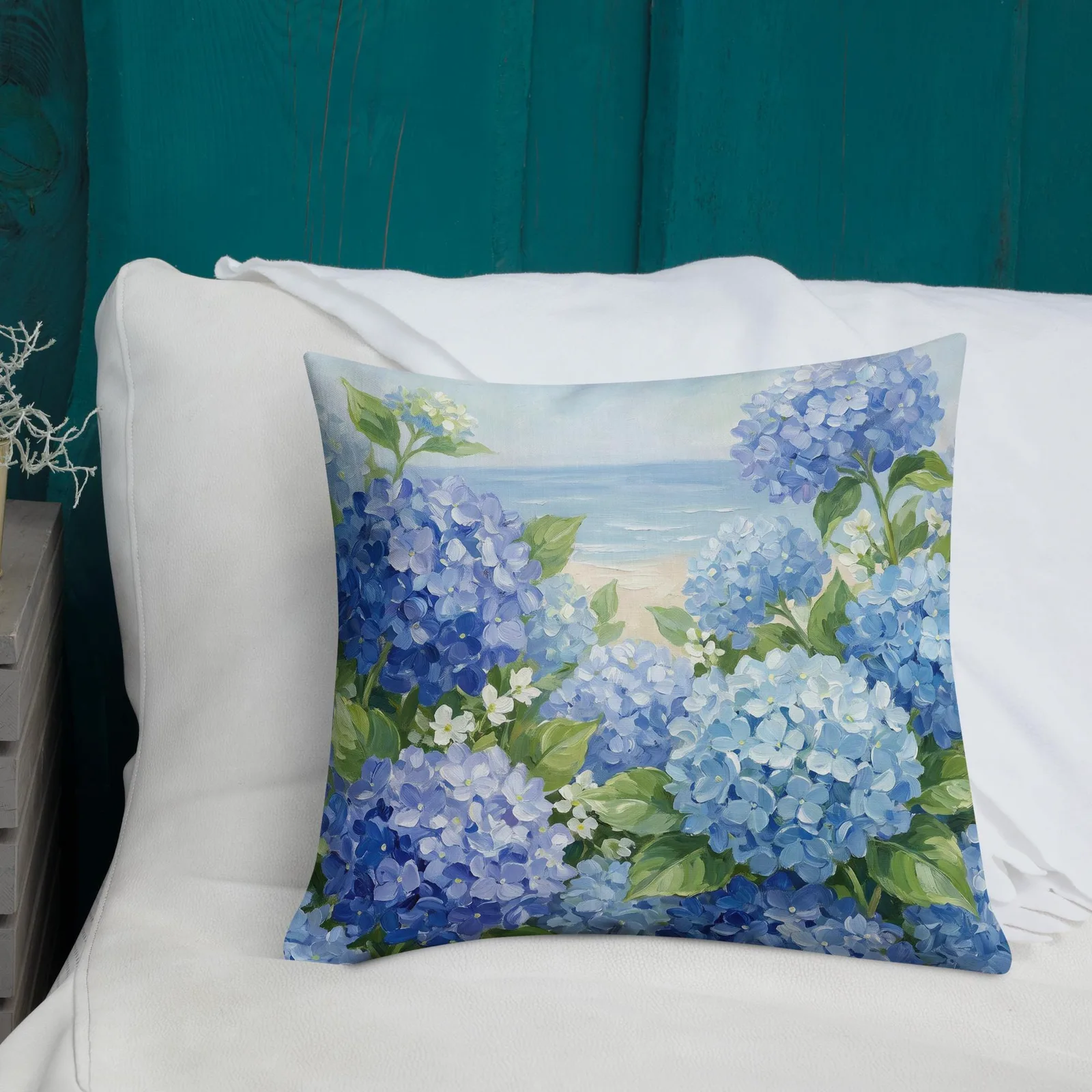 Blue Hydrangea Throw Pillow: Coastal Beach House Cushion, photo 2