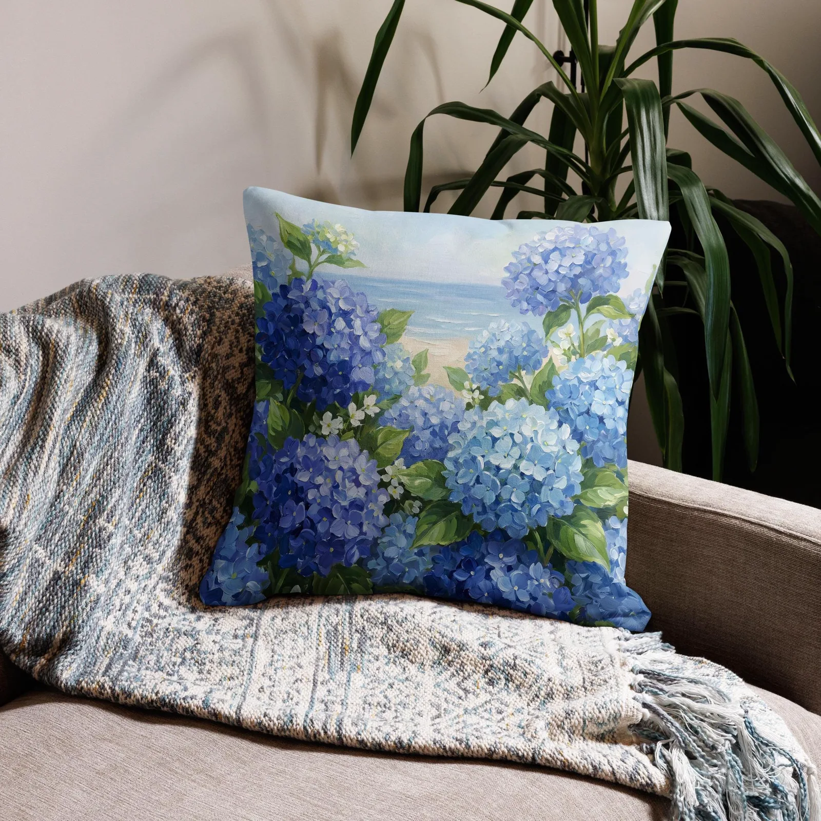 Blue Hydrangea Throw Pillow: Coastal Beach House Cushion, photo 10