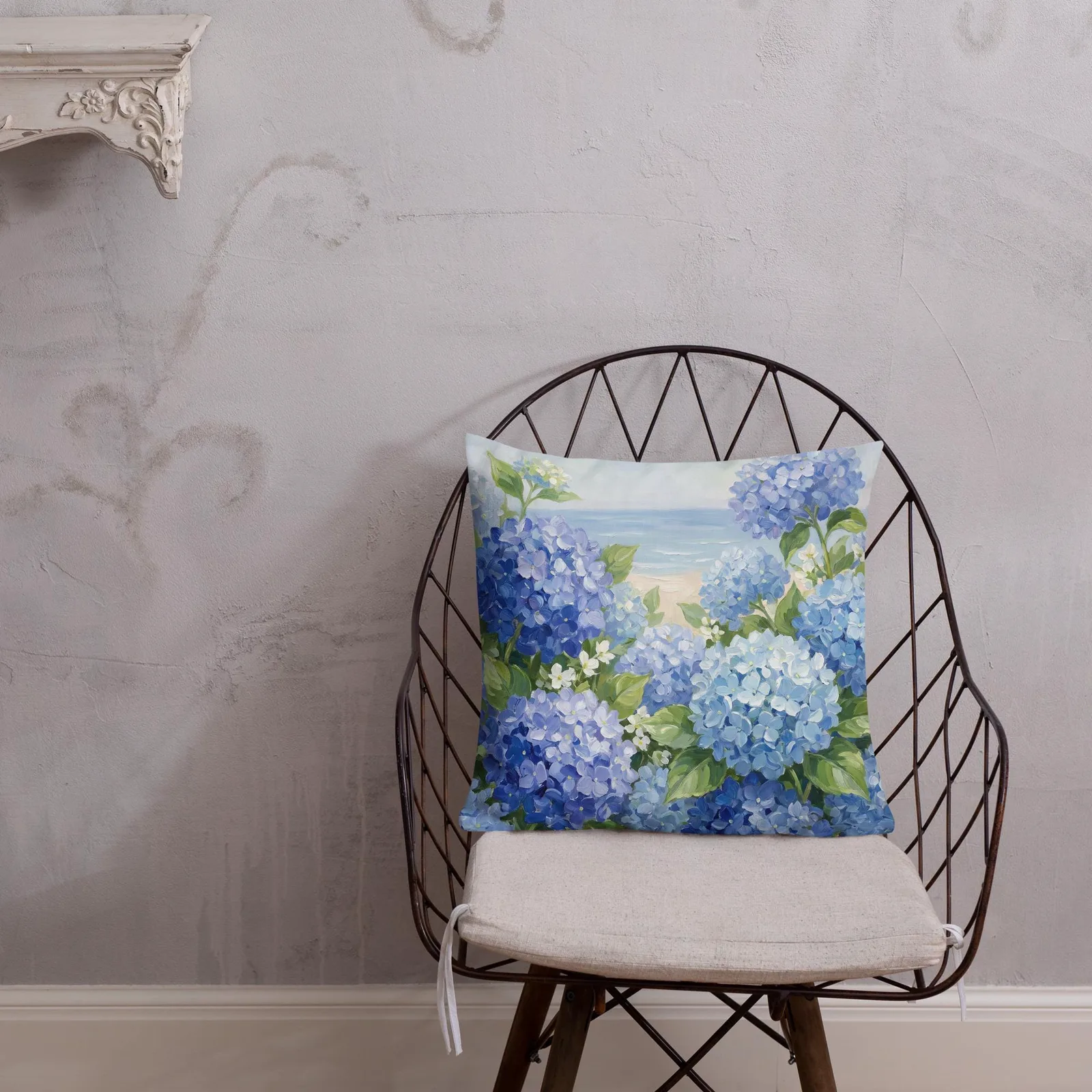 Blue Hydrangea Throw Pillow: Coastal Beach House Cushion, photo 6