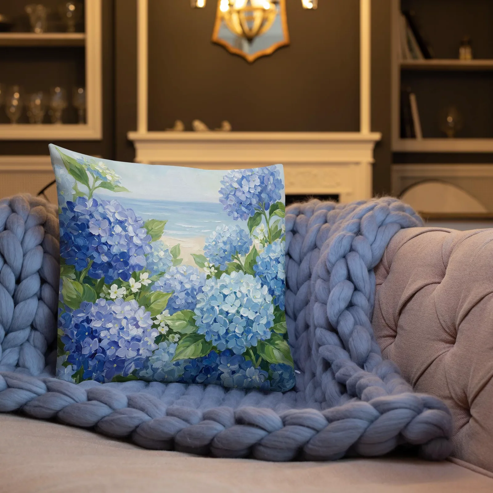 Blue Hydrangea Throw Pillow: Coastal Beach House Cushion, photo 4