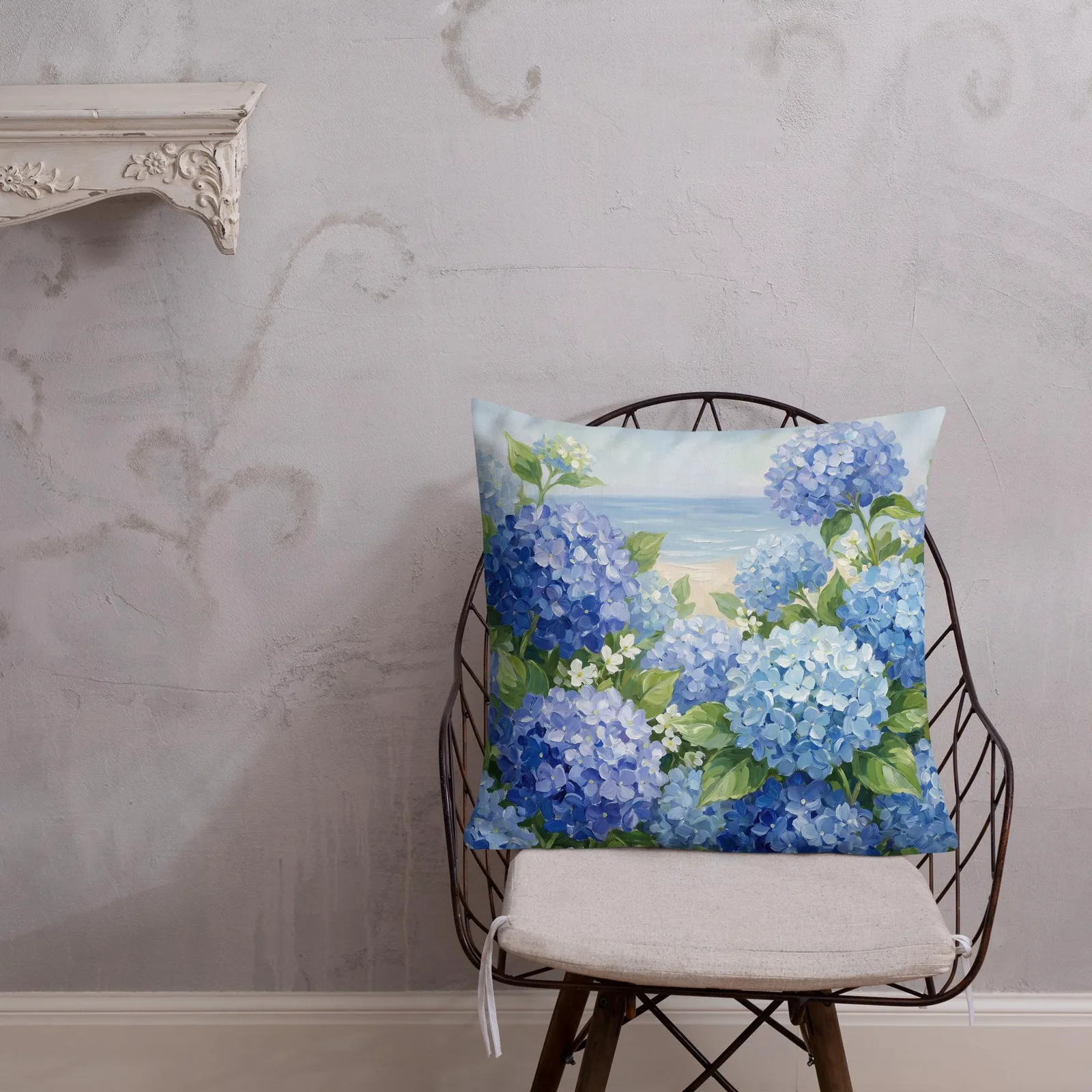 Blue Hydrangea Throw Pillow: Coastal Beach House Cushion, photo 7