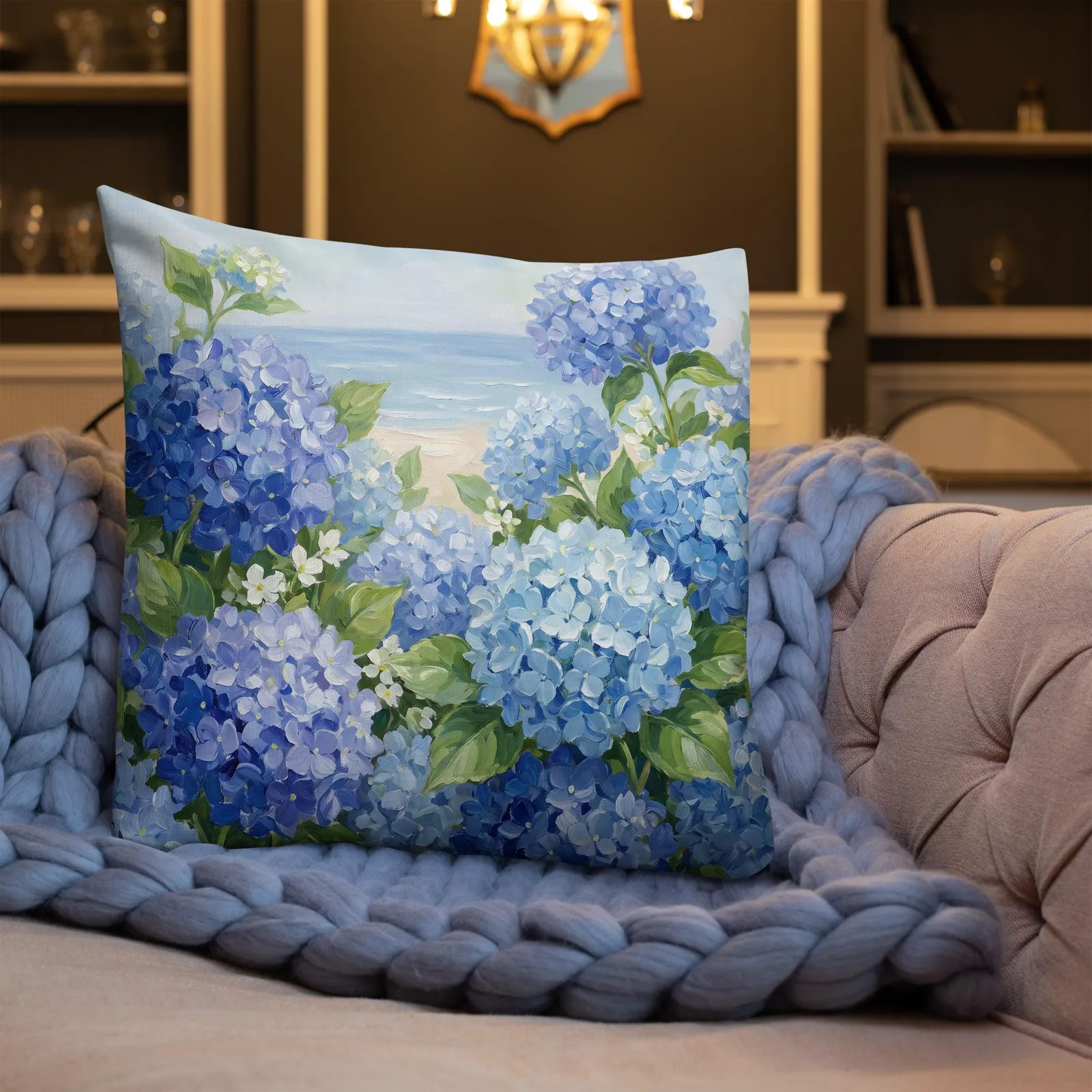 Blue Hydrangea Throw Pillow: Coastal Beach House Cushion, photo 5