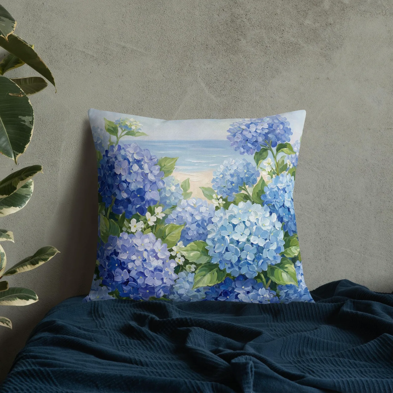 Blue Hydrangea Throw Pillow: Coastal Beach House Cushion, photo 9