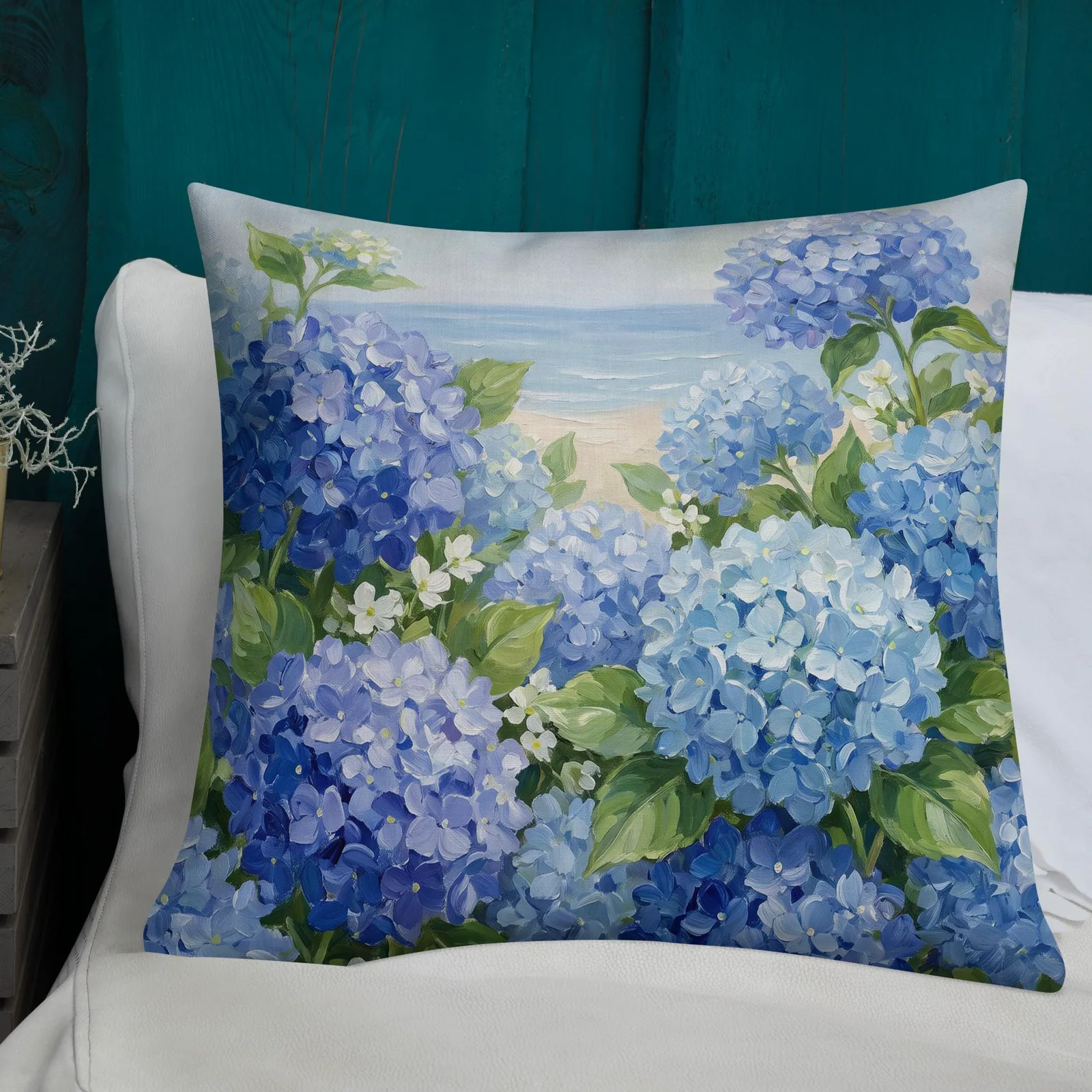 Blue Hydrangea Throw Pillow: Coastal Beach House Cushion, photo 3