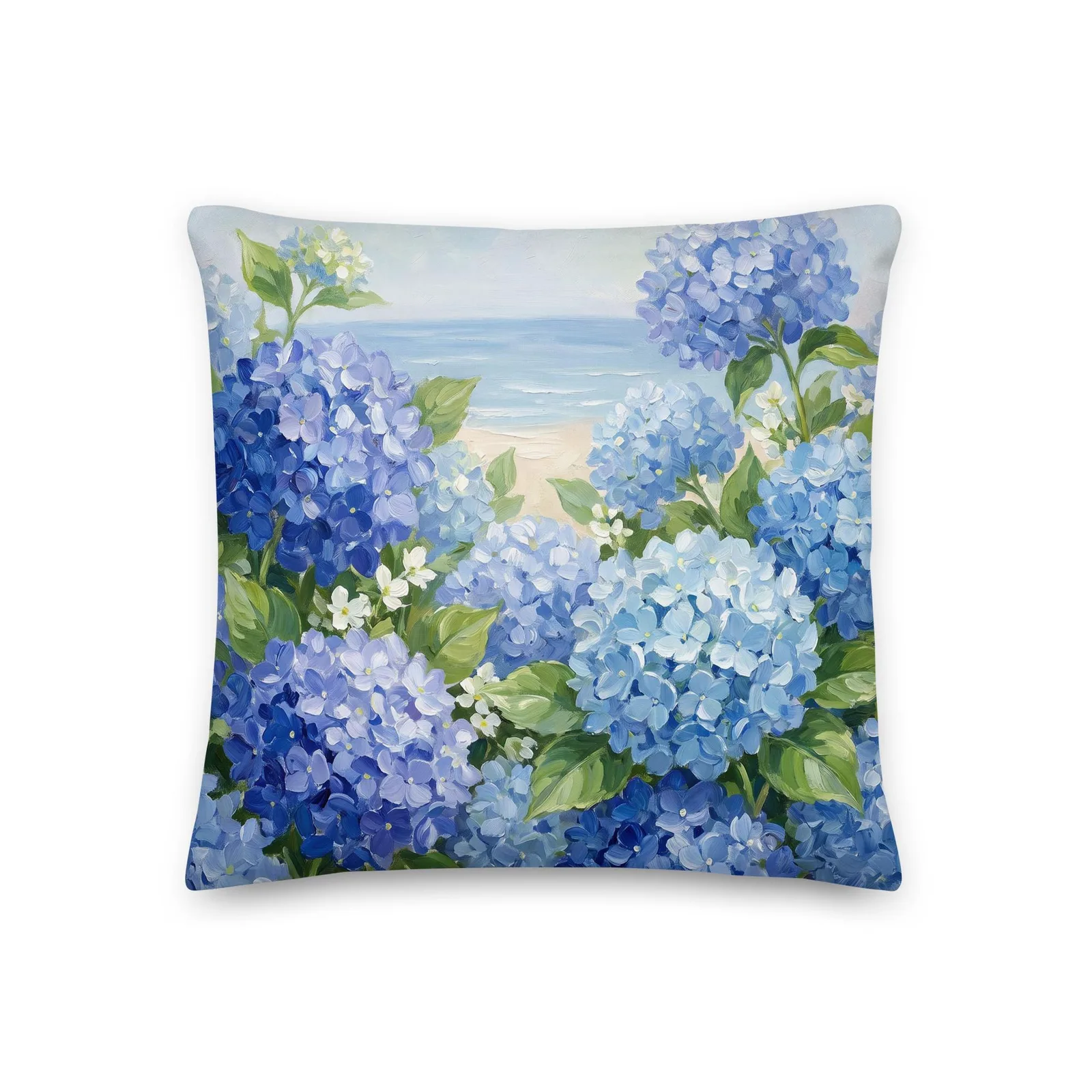 Blue Hydrangea Throw Pillow: Coastal Beach House Cushion