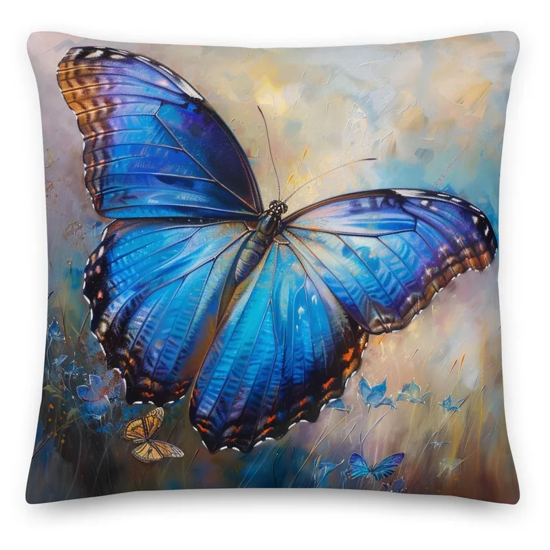 Blue Morpho Butterfly Throw Pillow: Linen-Feel Nature Art Cushion
